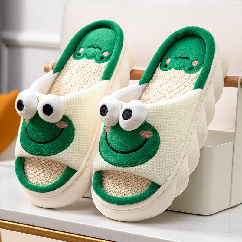 Cute Animals Linen Slippers Women Couples Non Slip Thick Soled Spring Summer Cotton Linen Cool Slippers Home Slipper