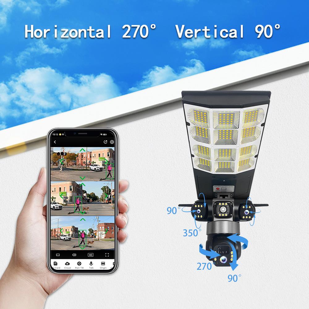 Solar 4G Street Light Camera, 10X Zoom, 3-Lens Recording, Humanoid Tracking, Outdoor Camera Lamp, Remote Control, Waterproof Design