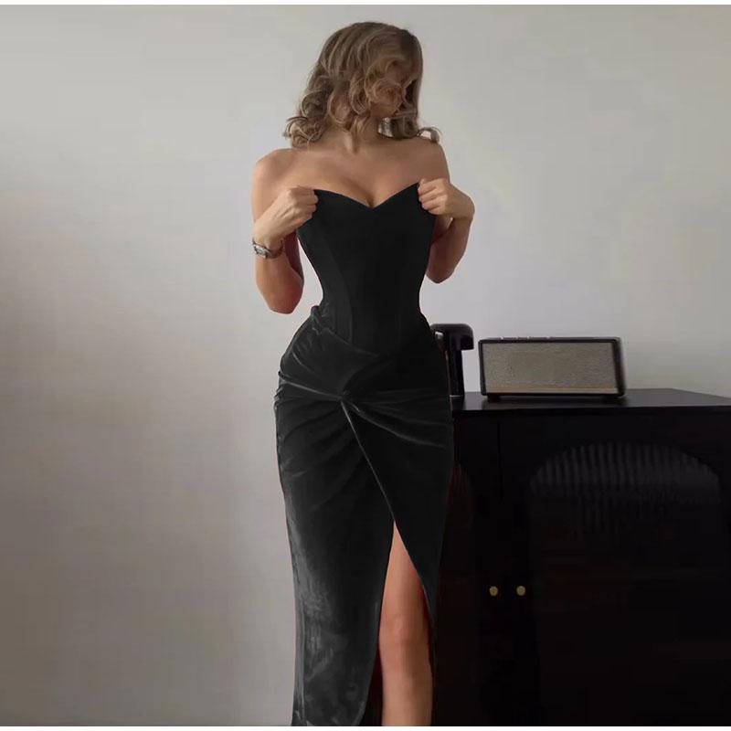 Sexy Velvet Dress Women 2025 Strapless Lace Up Slim Front Split Hip Package Dresses Female Spring Summer Fashion Elegant Lady Dresses