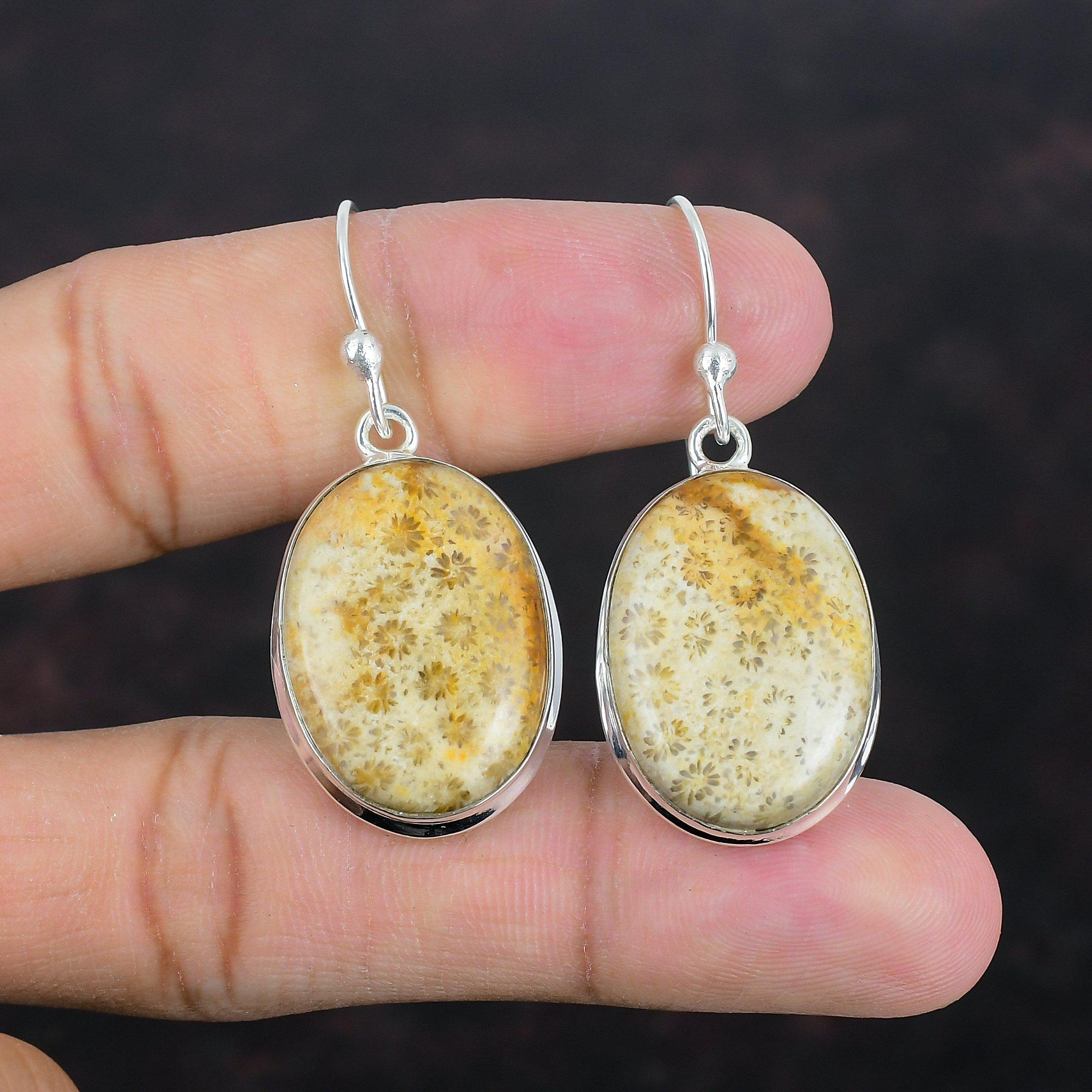 Серьги из ископаемого коралла, натуральные драгоценные камни, серьги из стерлингового серебра 925 пробы, совершенно новые серьги, потрясающие ювелирные изделия, серьги ручной работы, подарки для женщин