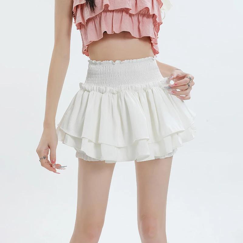 Kawaii мини-юбка, шорты, женские милые сексуальные балетки, белая эластичная высокая талия, лоскутная юбка с рюшами в стиле Лолиты, корейская юбка