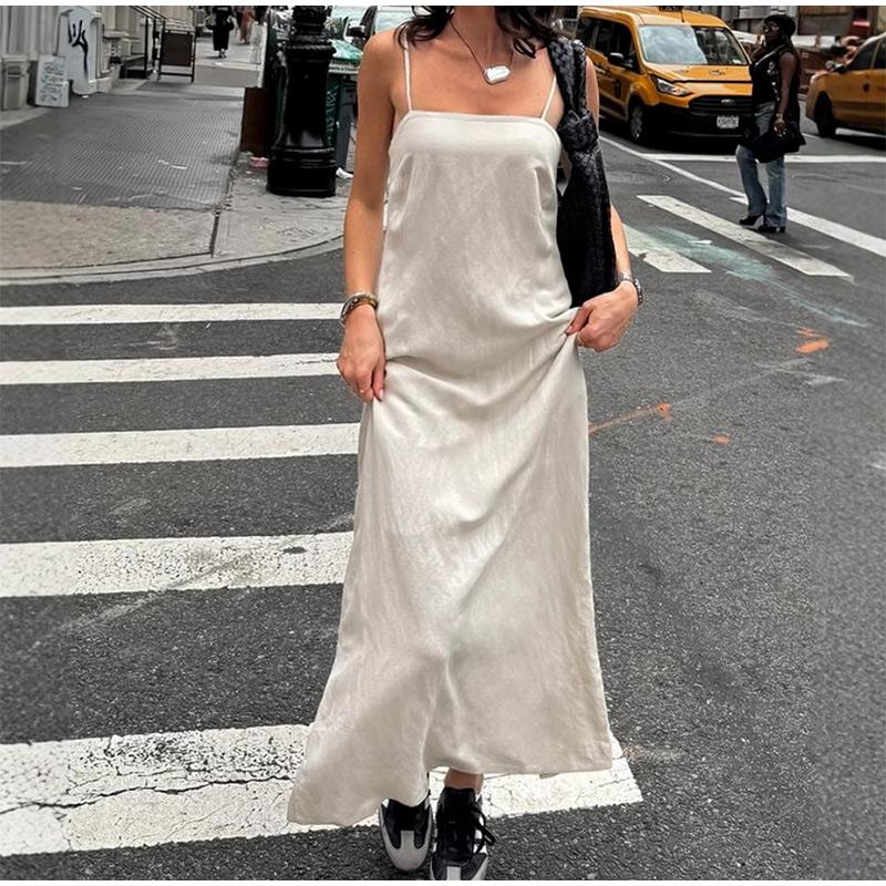 Элегантное хлопковое платье-комбинация с подкладкой, женское однотонное платье без рукавов, длинное женское платье 2025 года, весна-лето, модное женское пляжное платье
