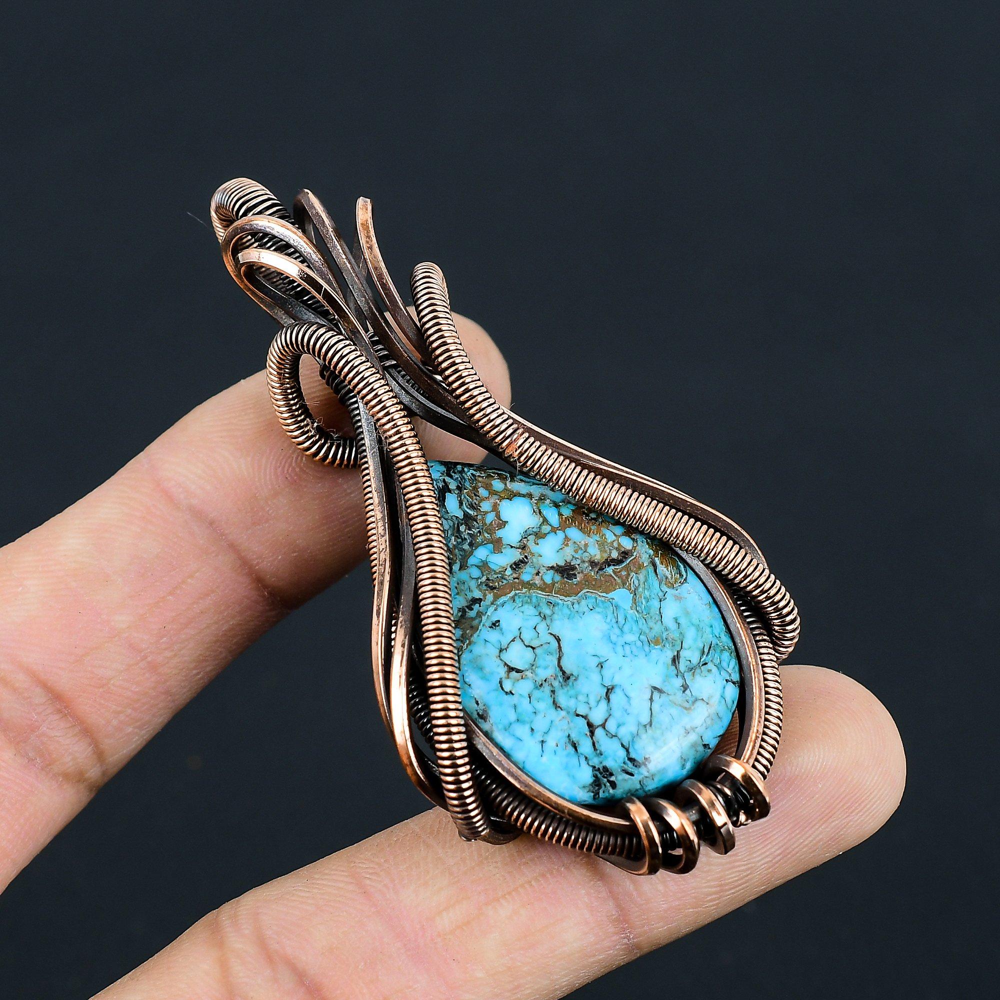 Ravishing Tibetan Turquoise Gemstone Handmade Copper Wire Wrap Jewelry Pendant For Women