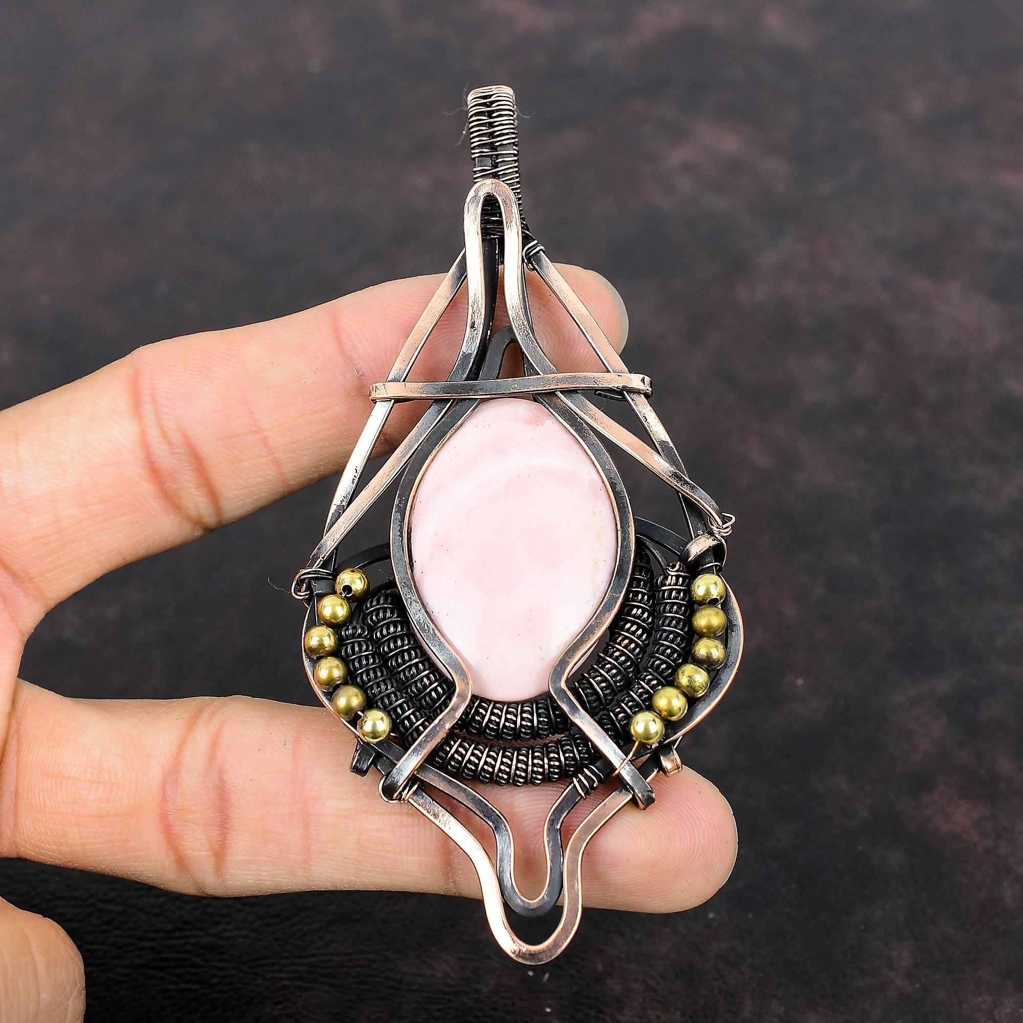 Кулон с розовым опалом, кулон из медной проволоки, кулон с драгоценным камнем, медная проволока, ювелирные изделия, подарок на годовщину, кулон ручной работы, кулон с камнем