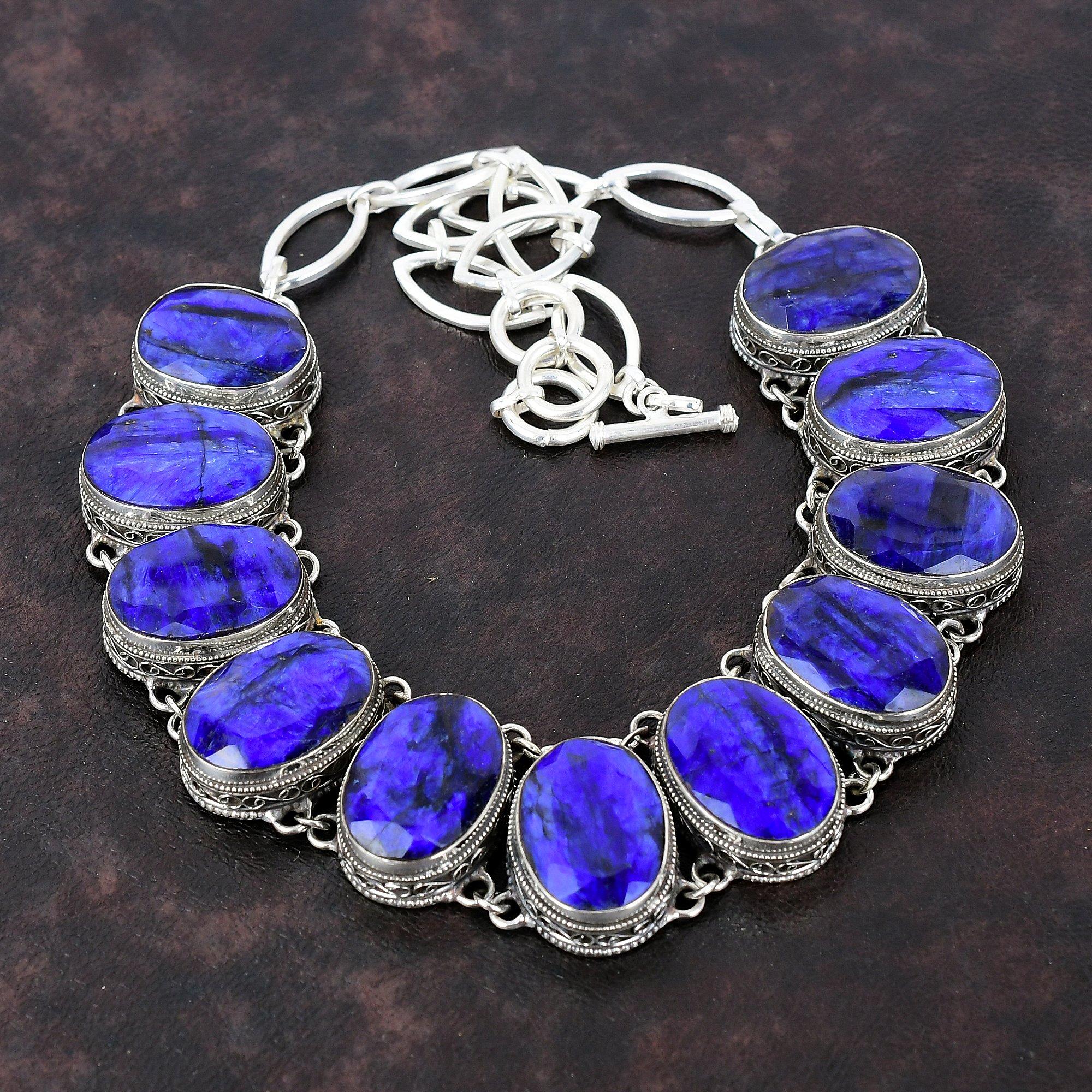 Faceted Blue Sapphire Gemstone Necklace Handmade Vintage Necklace 925 Sterling Silver Necklace Adjustable Chain Necklace Gift For Engagement