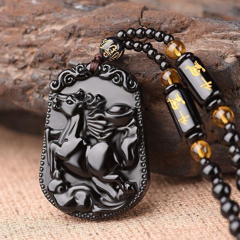 Retro Chinese Style Simulate Obsidian Engraved Zodiac Signs Animal Pendant Necklace for Men Jewelry
