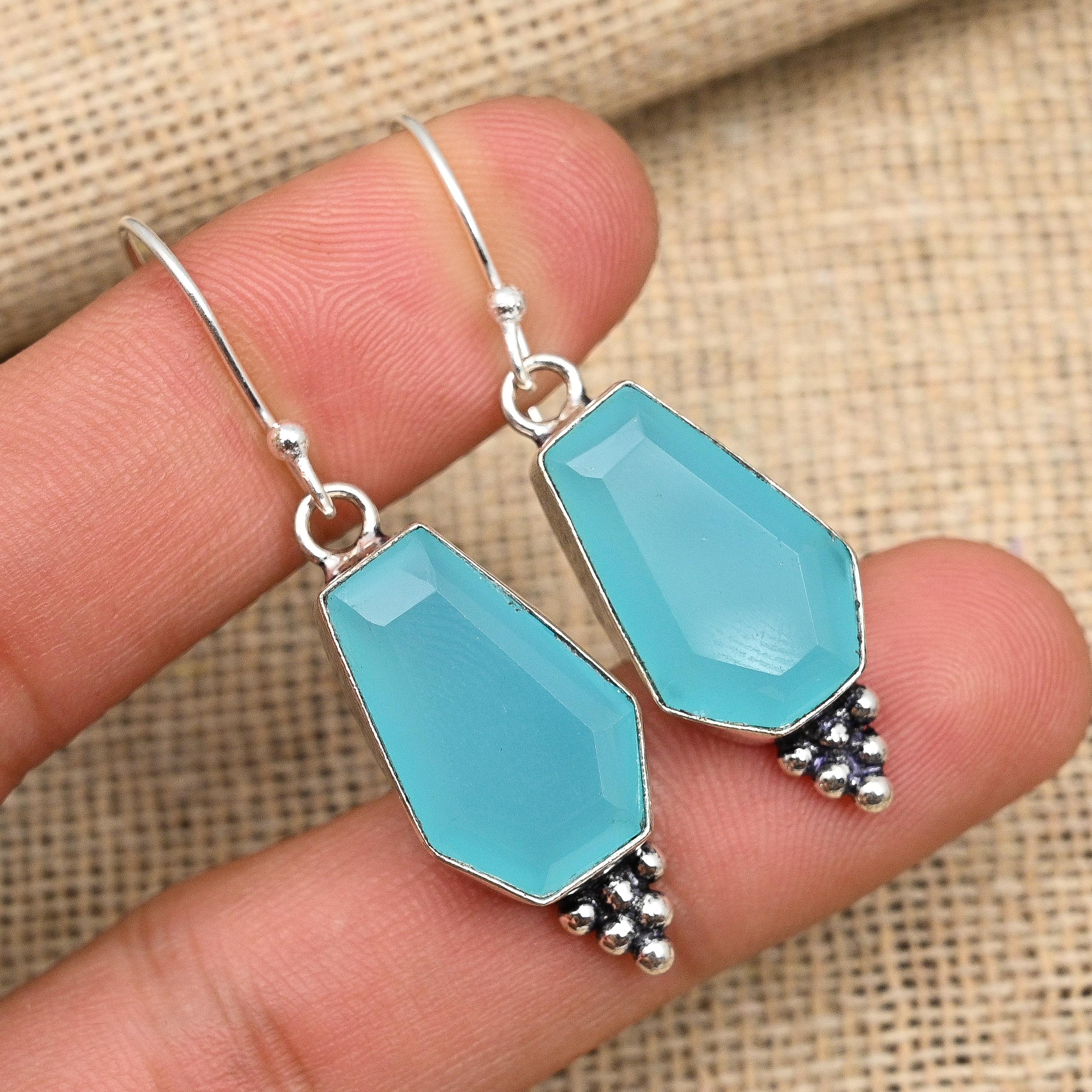 Ювелирные изделия из сережек ручной работы из стерлингового серебра 925 пробы с синим халцедоном на День Благодарения