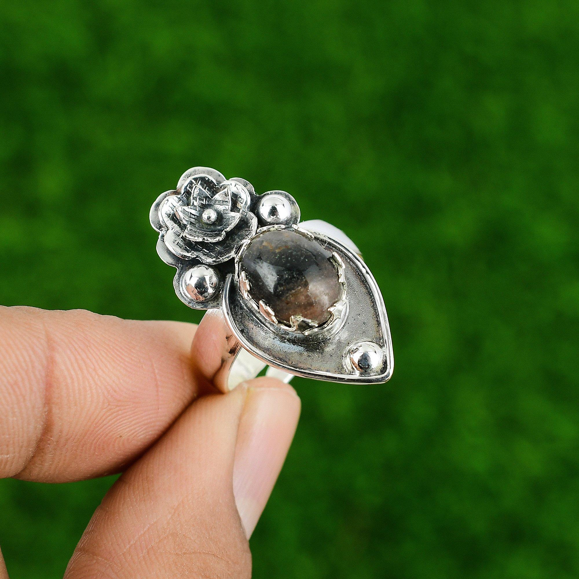 Natural Rhodonite Multi Stone Flower Adjustable Ring 925 Silver For Girls