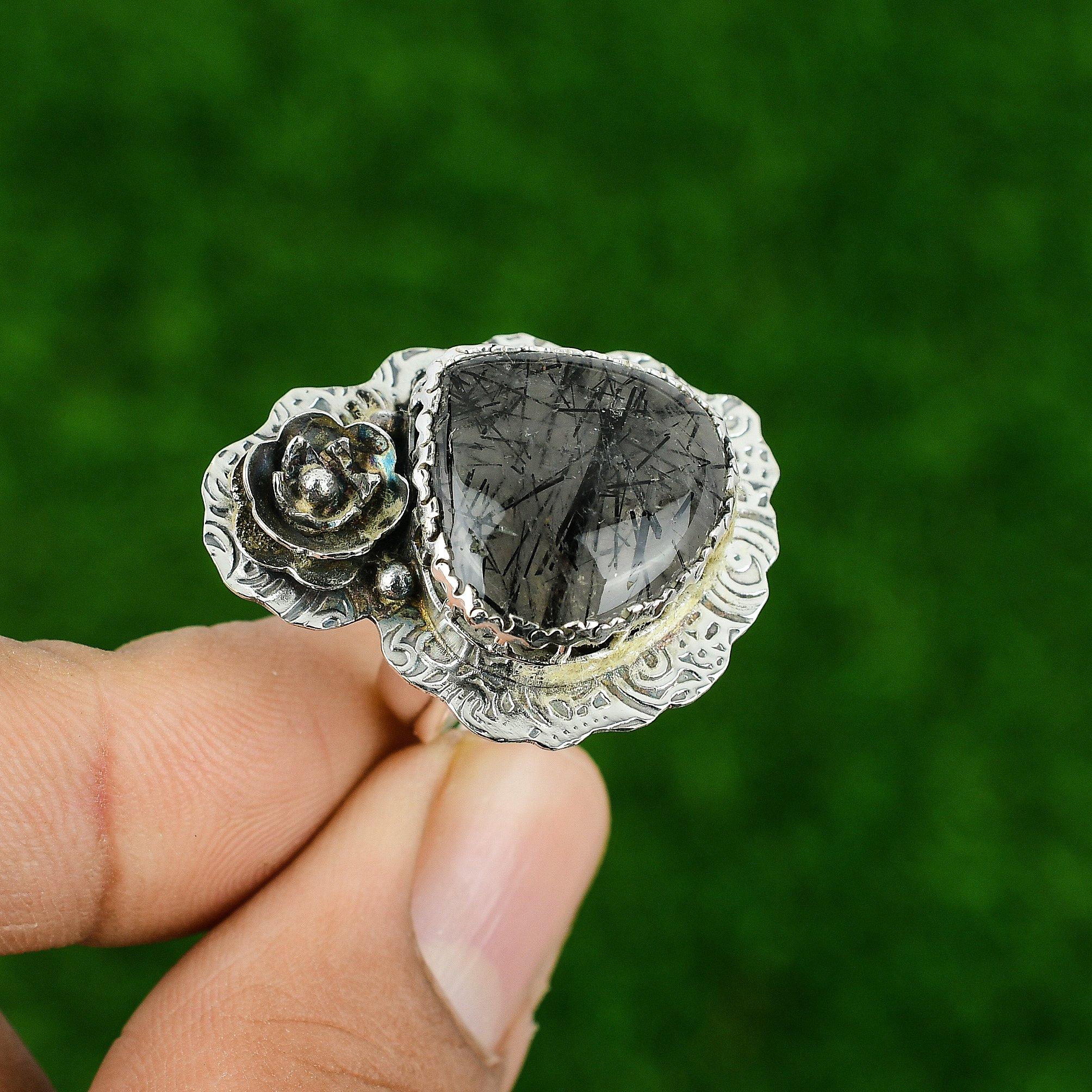 Кольцо Арт-деко из стерлингового серебра 925 пробы с черным рутиловым камнем в безеле в виде цветка, обещание сестры