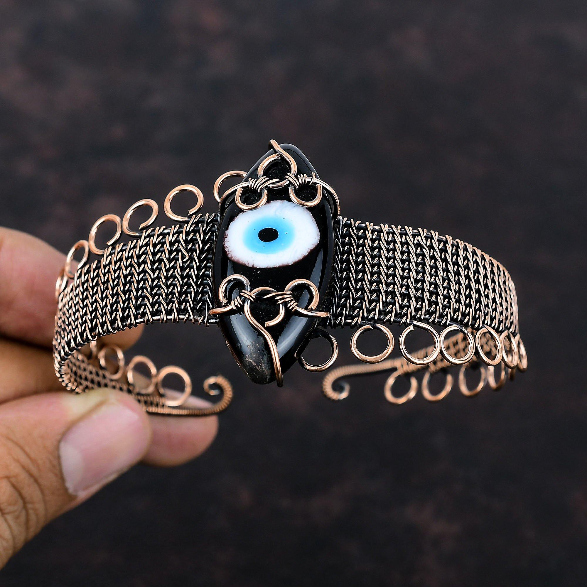 Черный цвет браслет-манжета от сглаза, медная проволока, регулируемый браслет, ручная работа, абсолютно новый браслет с драгоценными камнями, медные ювелирные изделия, подарок для мамы