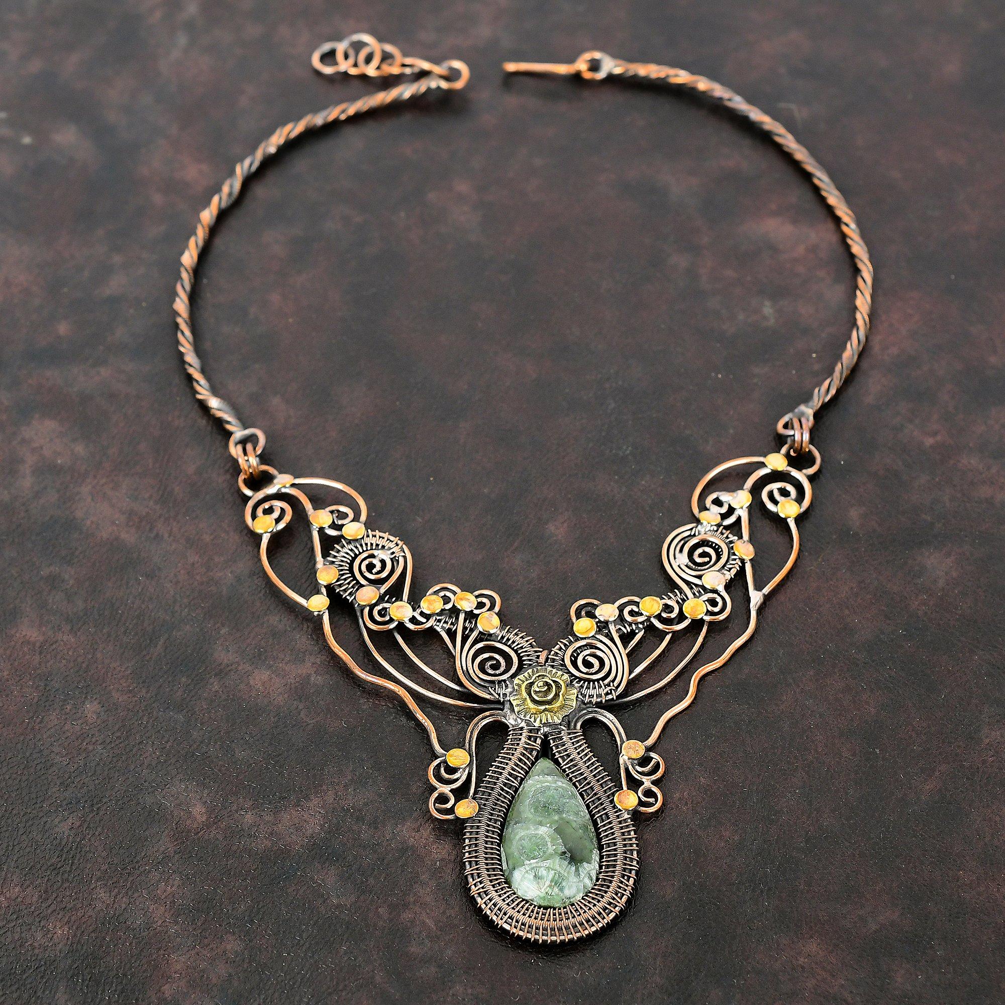 Ожерелье из серафинита, ожерелье из медной проволоки, регулируемое ожерелье ручной работы, ювелирные изделия из медной проволоки, настоящее ожерелье из драгоценных камней, подарок для матери