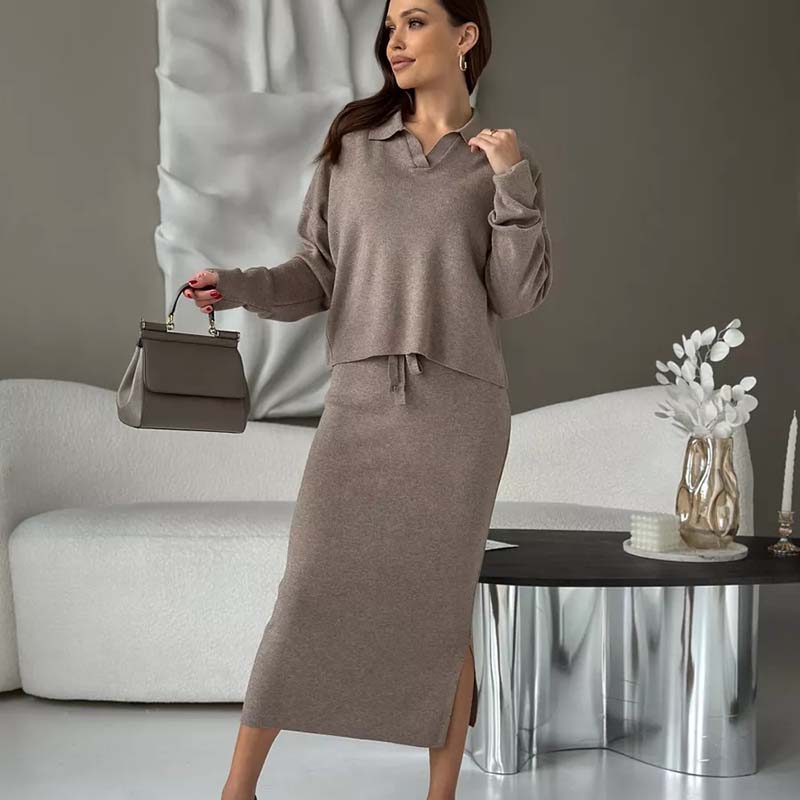 Women's Fashion Casual Loose Knitted Skirt Set Autumn Winter POLO Collar Long Sleeve Pullover Lace Up SKirt 2-Piece Sets