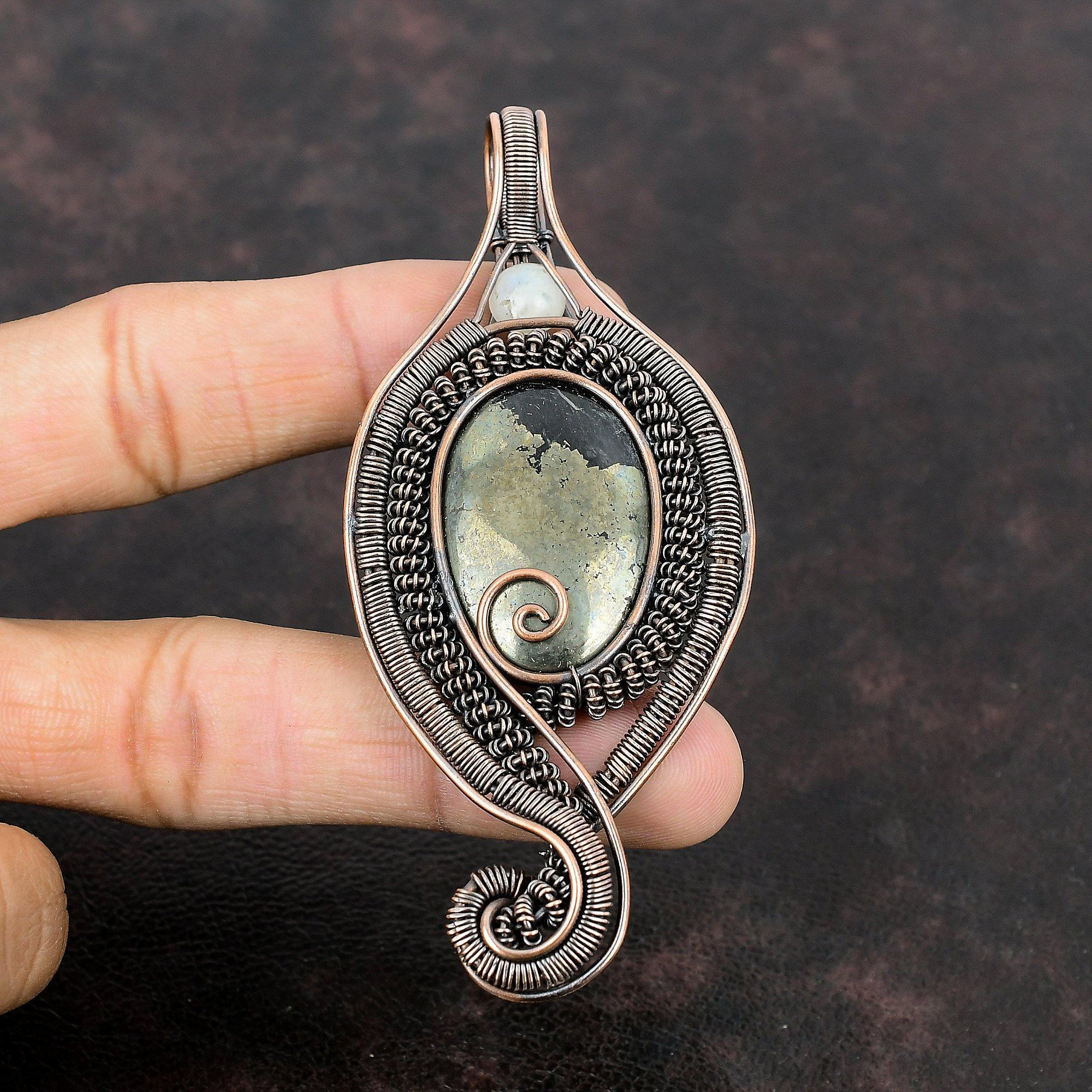 Пирит Медный кулон с проволочной обмоткой, медная проволочная обмотка, ювелирные изделия, радужная подвеска с лунным камнем, подарок для него, ювелирные изделия из пирита ручной работы