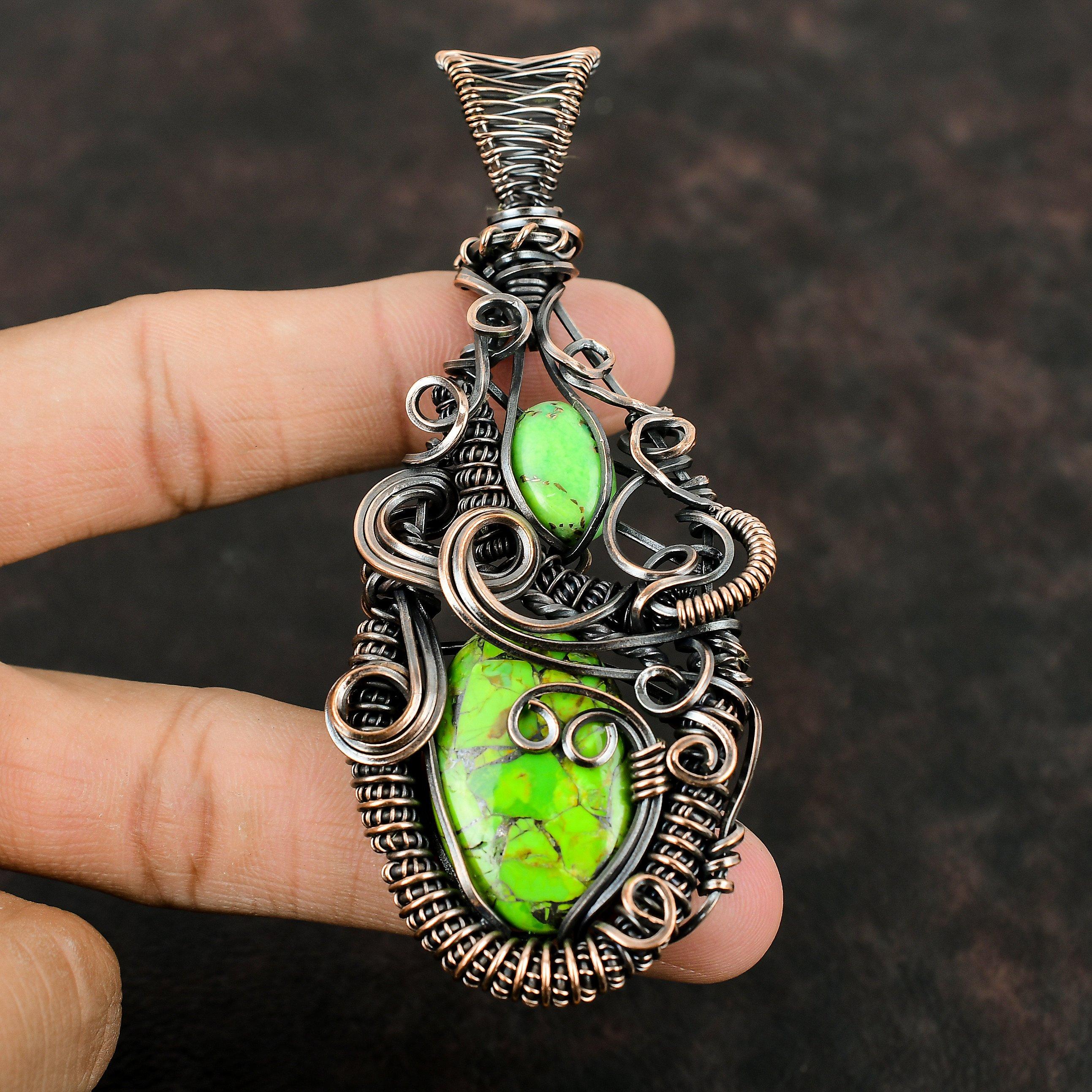 Медно-зеленый бирюзовый драгоценный камень, медная проволочная обертка, ювелирные изделия ручной работы, дизайнерская подвеска, подарок для нее, зеленая бирюзовая ювелирная продукция