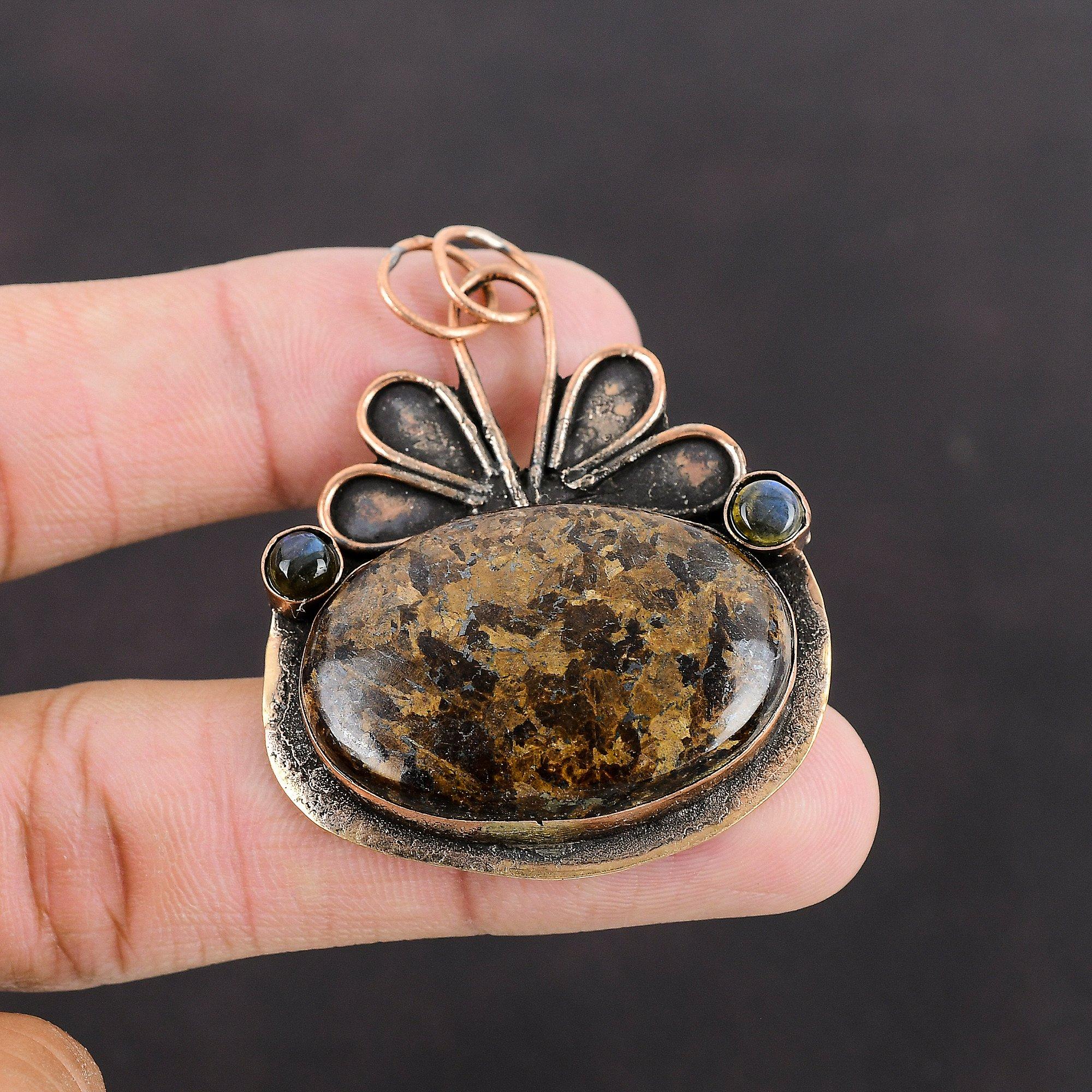 Подвеска из бронзита, подвеска из лабрадорита, медная подвеска, эффектная подвеска, оригинальная подвеска из драгоценного камня, медные украшения ручной работы, подарок на помолвку