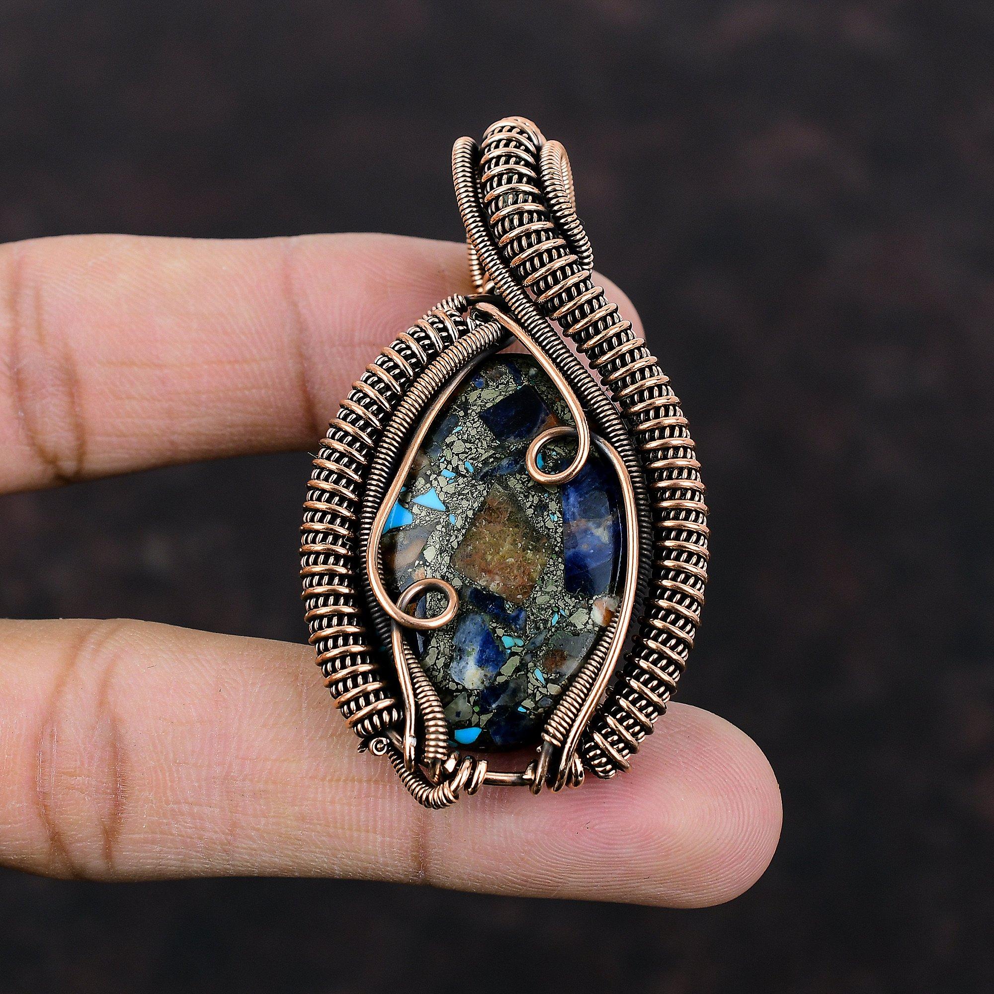 Медный кулон содалит, медная проволока, обернутая кулоном, драгоценный камень, медные украшения, ручная работа, достойный кулон, обернутый проволокой, подарок на помолвку