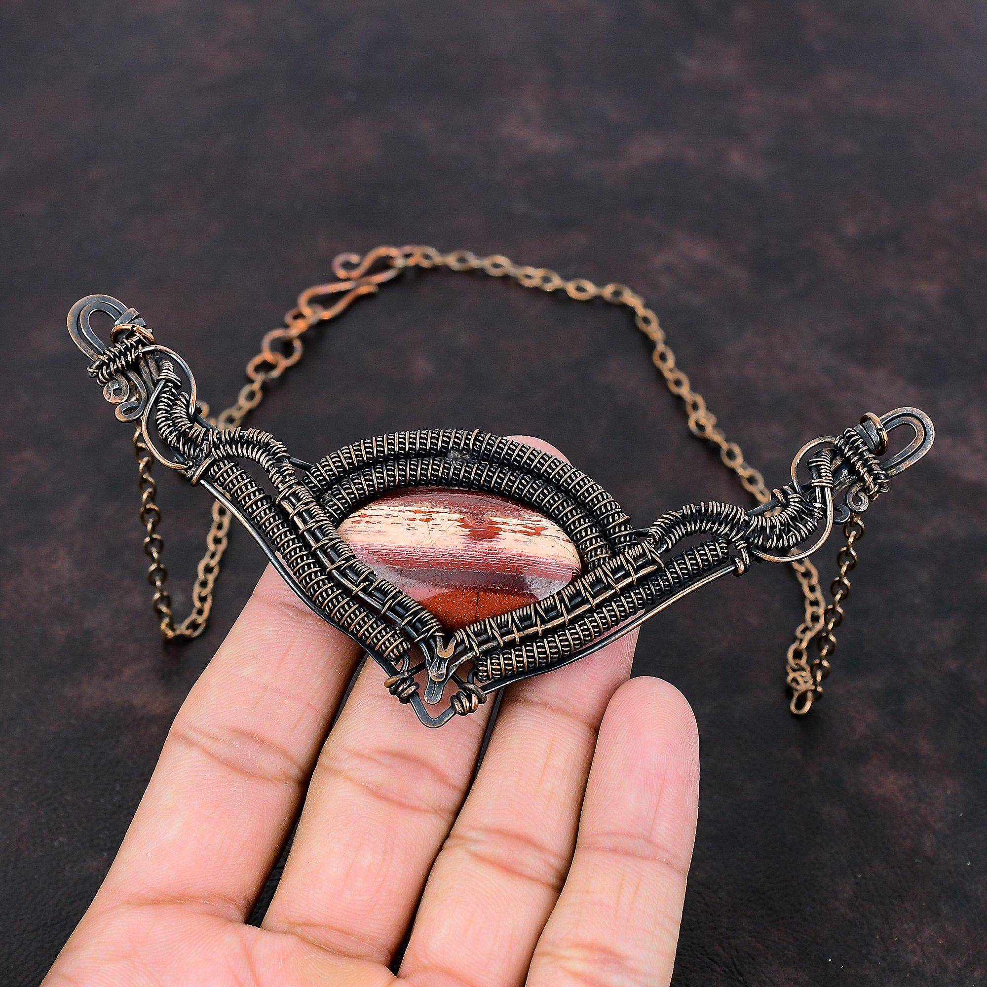 Red Snakeskin Jasper Necklace Copper Wire Wrapped Necklace Handmade Gemstone Jewelry Adjustable Chain Necklace Copper Wire Jewelry For Gift