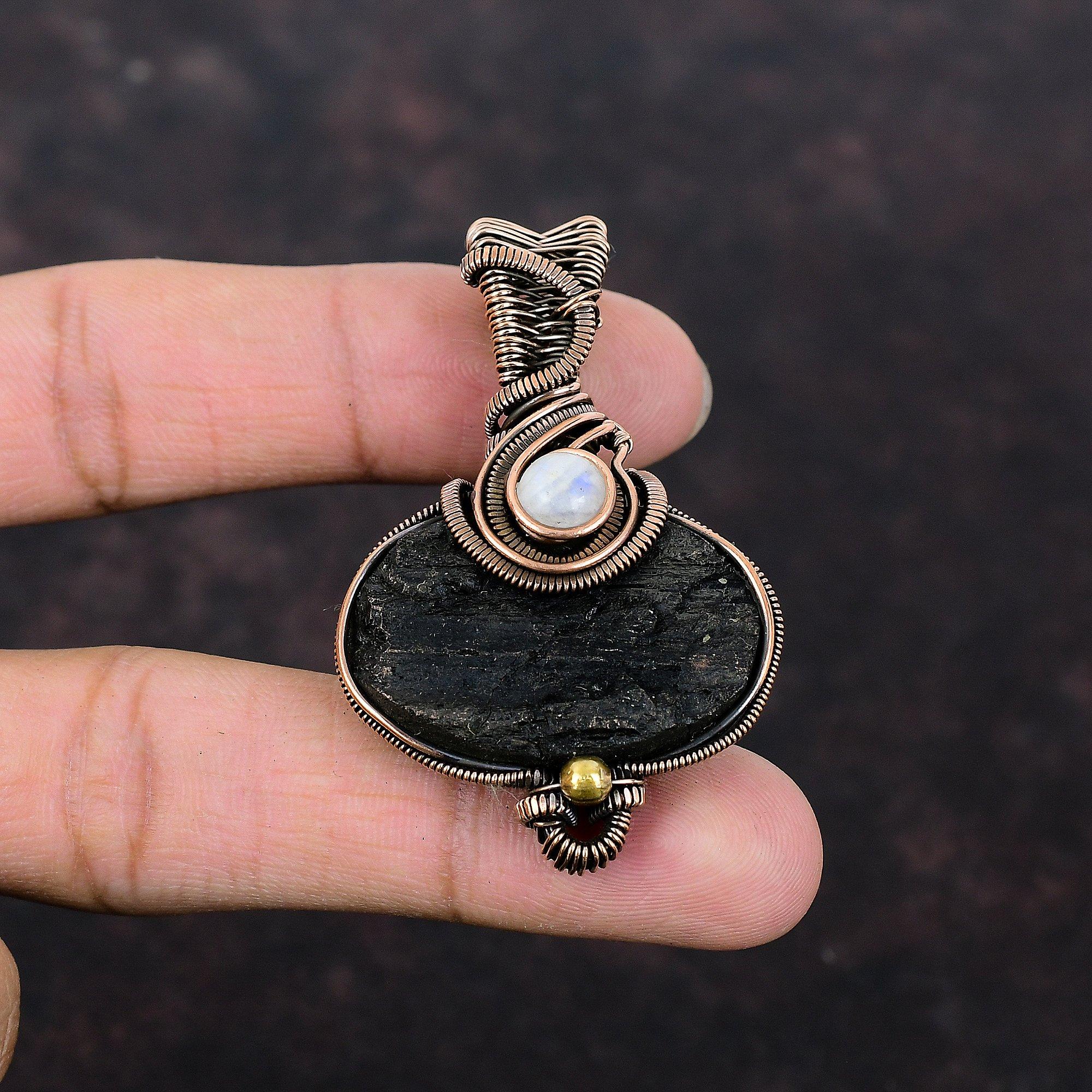 Черный турмалин, грубый кулон, медная проволока, кулон, Радужный лунный камень, ювелирные изделия из драгоценных камней, кулон ручной работы в стиле бохо, медные украшения для подарка