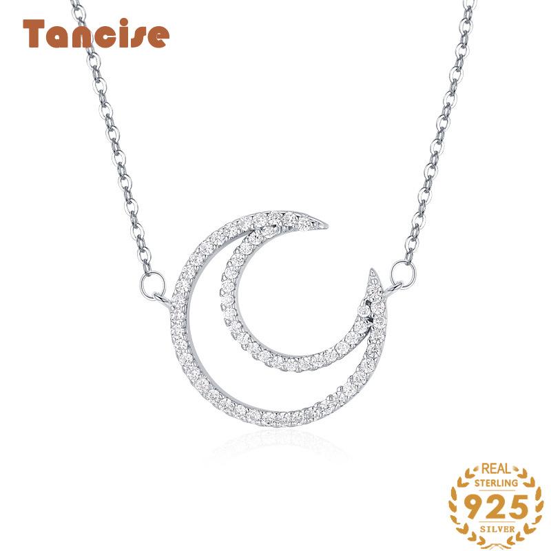 Tancise S925 Sterling Silver Light Luxury Hollowed Out Moon Pendant Necklace Women's Fashion Versatile Necklace