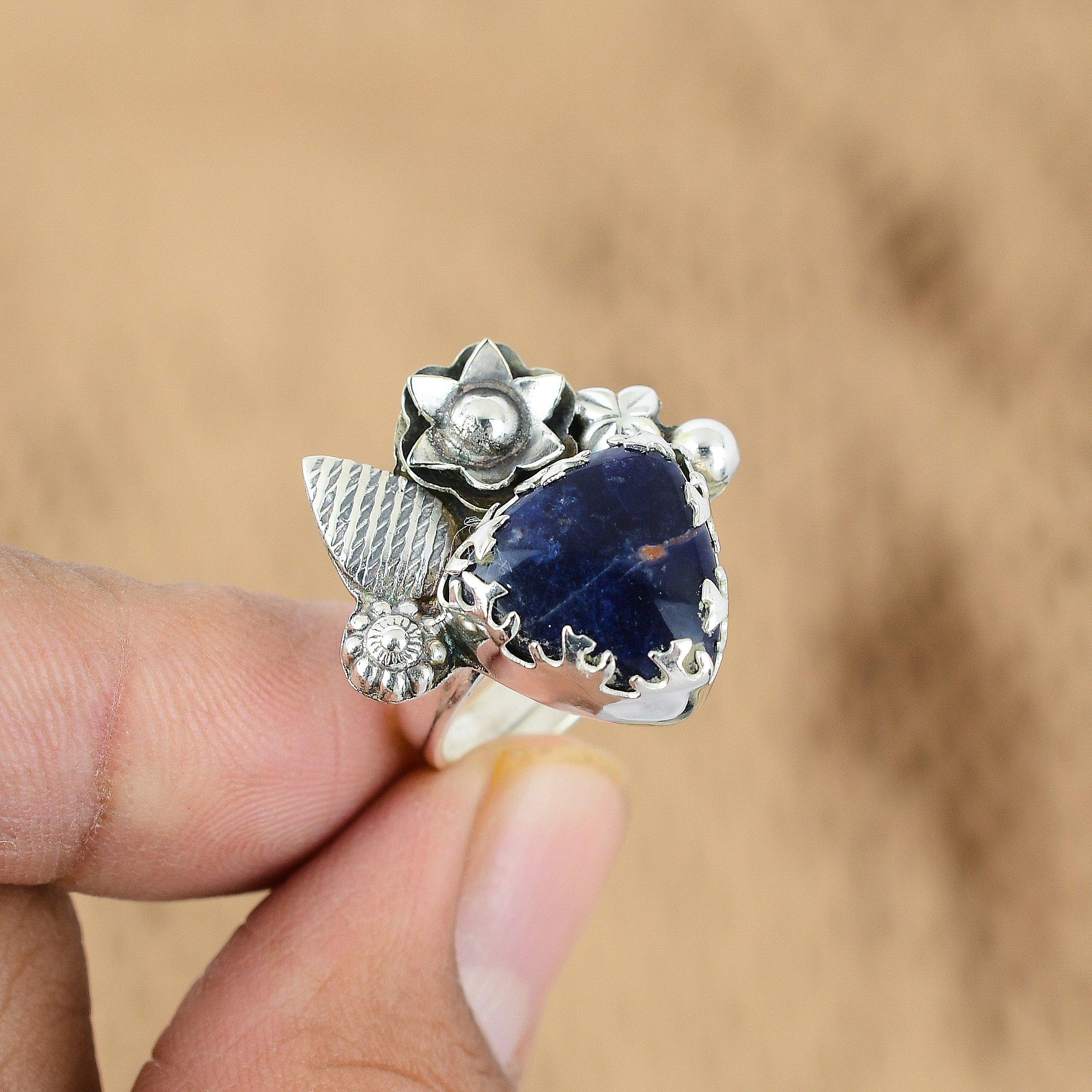 Trillion Sodalite Gemstone Flower Handmade Unique Promise Ring Sterling Silver