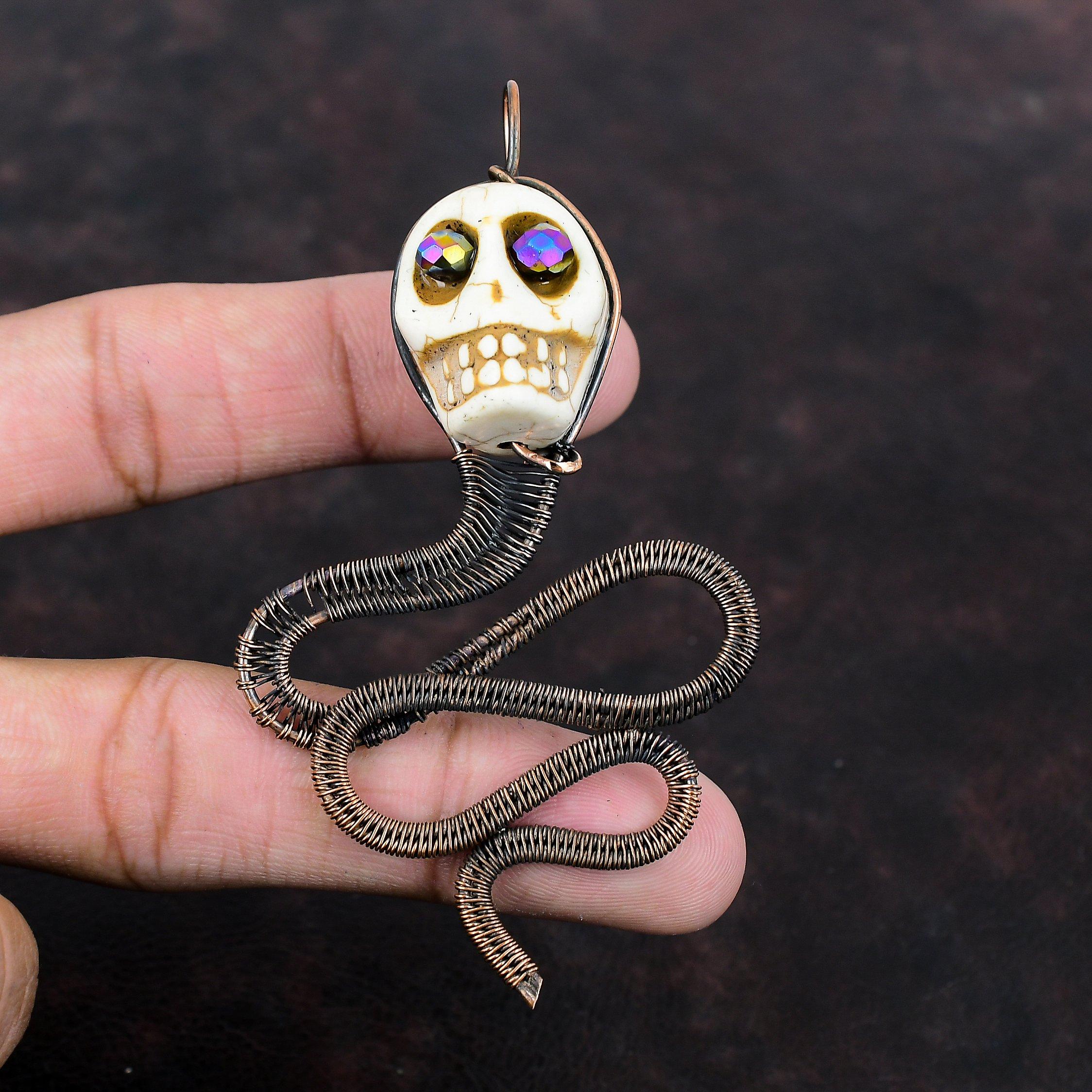 Подвеска из говлита, медная проволока, обернутая подвеска, череп, кость, кулон для лица, титановая бусина, глаза, ювелирные изделия, кулон с драгоценным камнем, ювелирные изделия из медной проволоки ручной работы