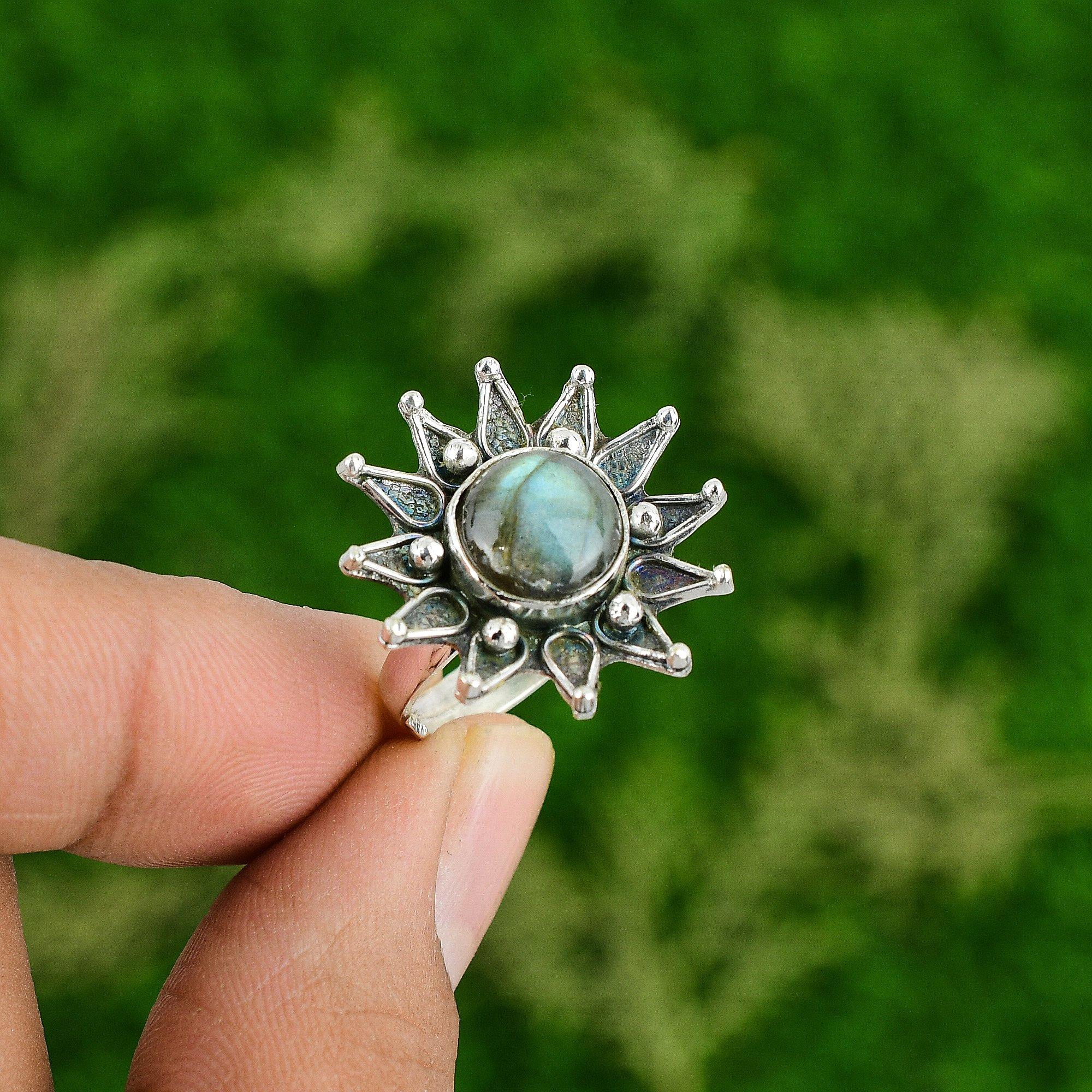 Gift For Her Natural Labradorite Statement Flower Adjustable Ring 925 Silver