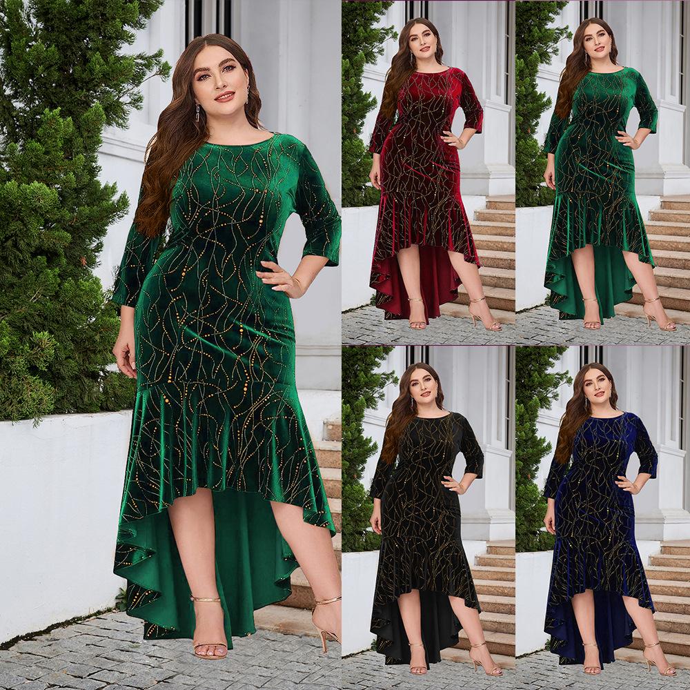 Women's Dress Plus Size Three-quarter Sleeve Mermaid High Low Hem Extra Long Velvet Dresses