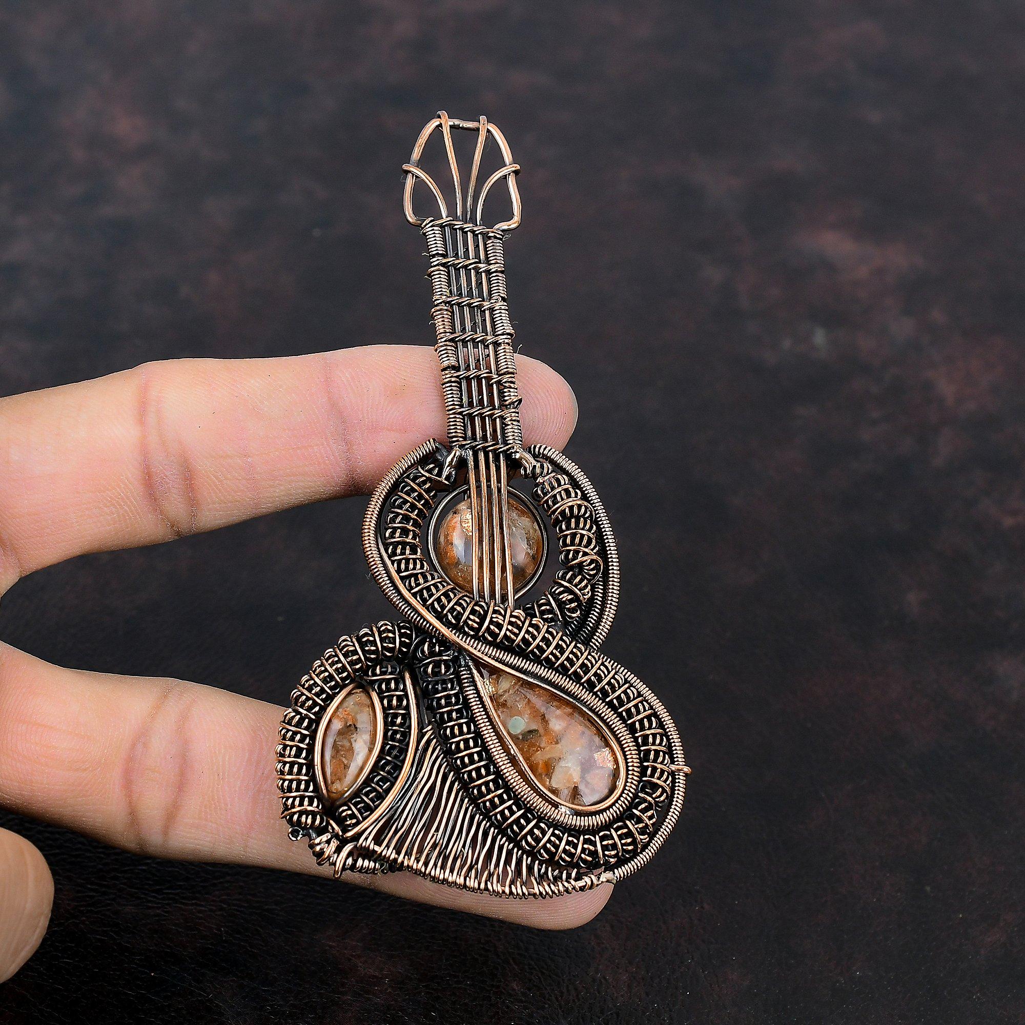 Подвеска Sunstone, медная проволочная обертка, подвеска из натурального драгоценного камня, проволочная обертка, ювелирное изделие ручной работы, подвеска в виде гитары, медные ювелирные изделия, подарок для нее