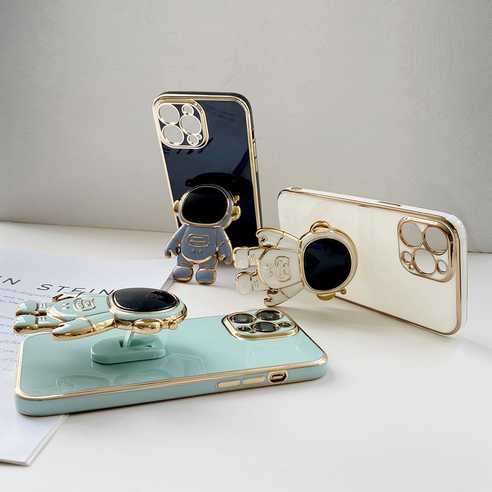Мягкий чехол из ТПУ для телефона с держателем астронавта с золотым покрытием и краем для Samsung S23 S24 Ultra A15 A35 M54 Huawei P40 Honor 90 Lite, задняя крышка