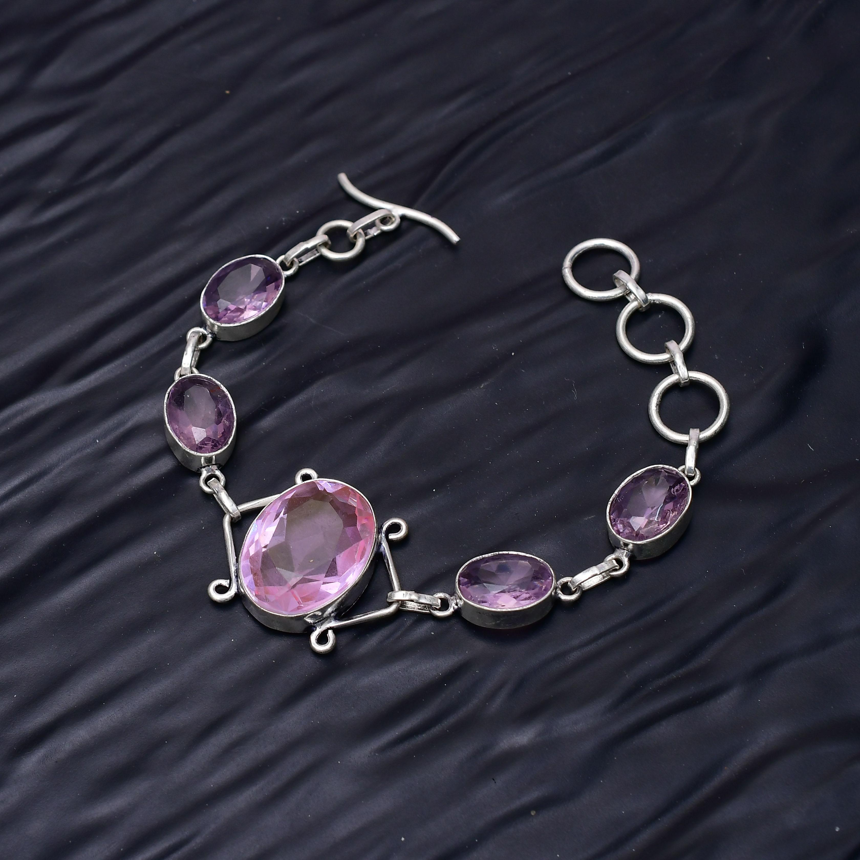 Pink Kunzite Gemstone : 925 Sterling Silver Handmade Multi Gemstone Bracelet Jewelry