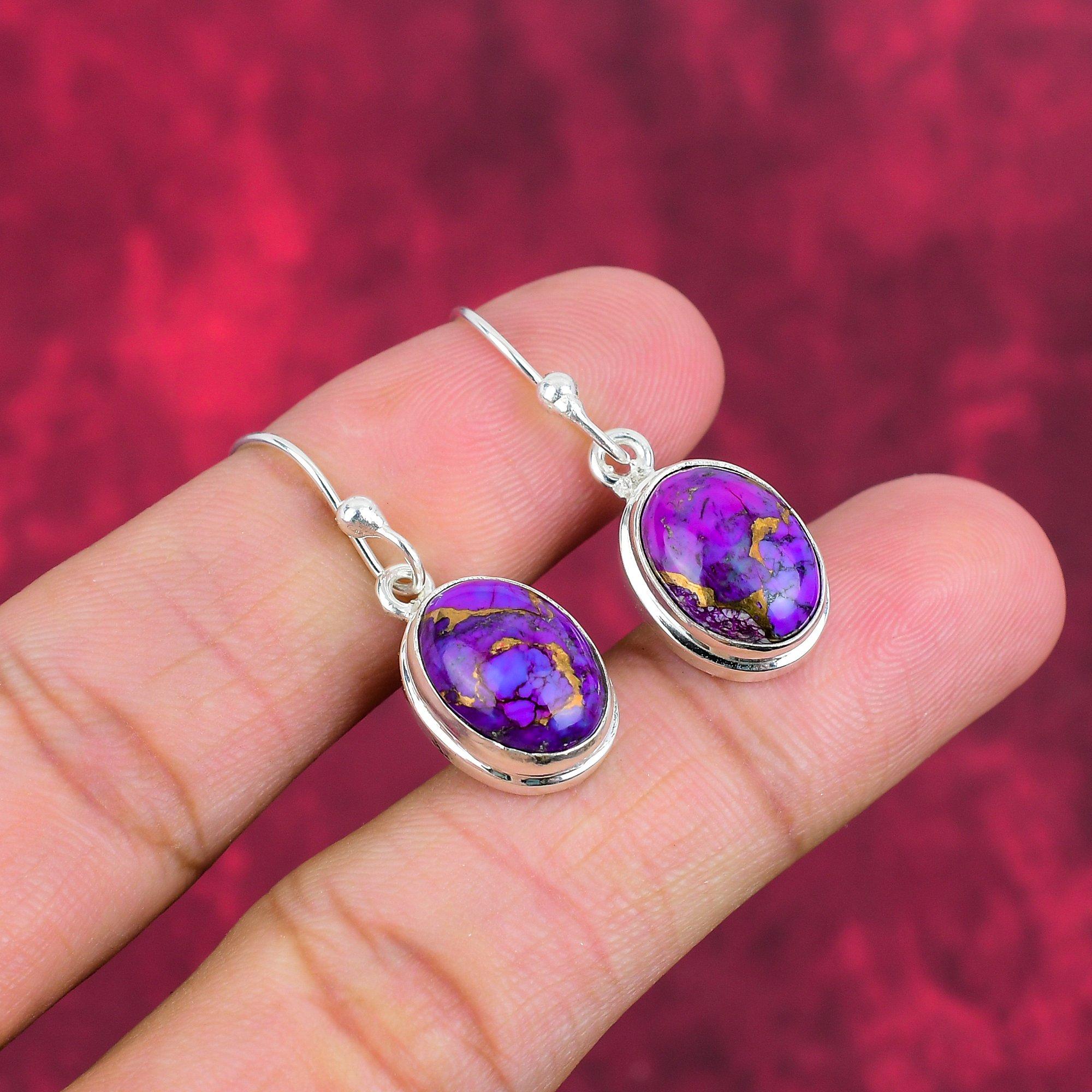 Серьги из фиолетовой меди и бирюзы, ювелирные изделия из цельного серебра 925 пробы, серьги с драгоценными камнями, подарок для нее, изящные ювелирные изделия ручной работы