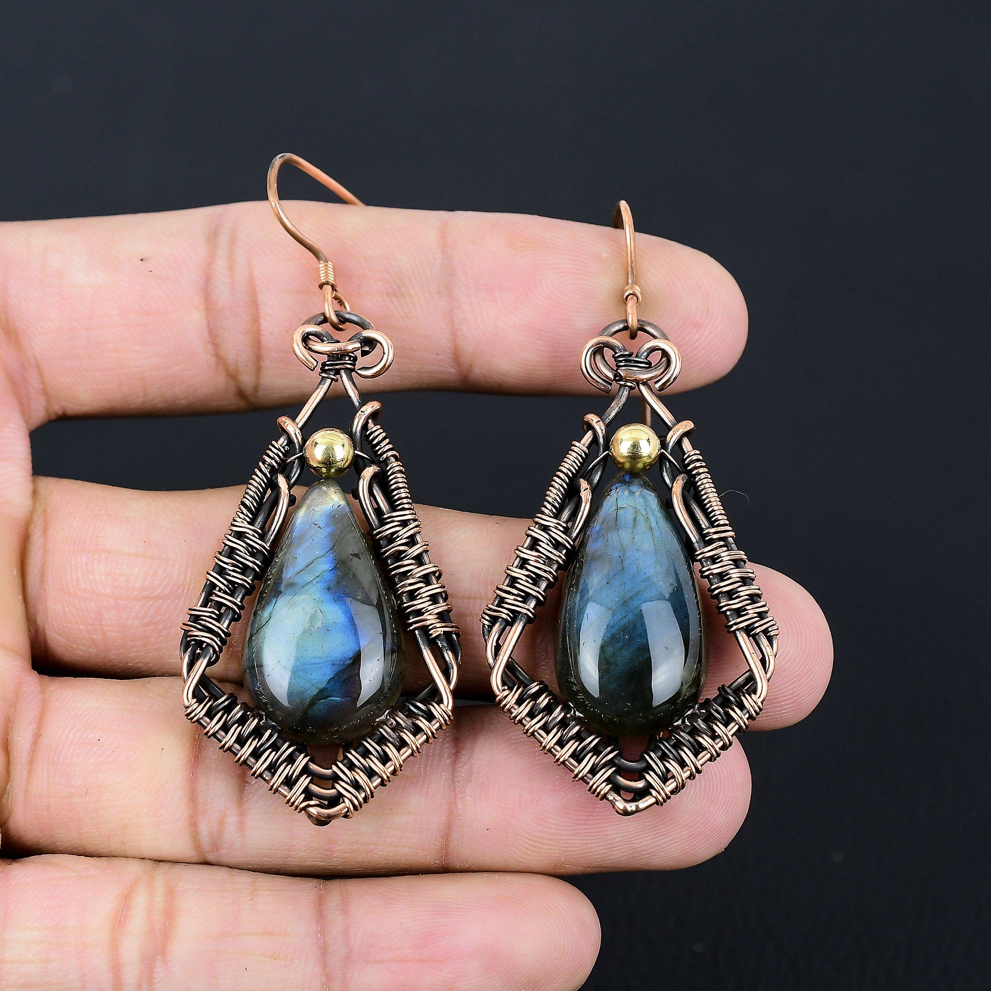 Лабрадорит, драгоценный камень, серьги ручной работы из чистой медной проволоки, обернутые ювелирными изделиями на День Благодарения