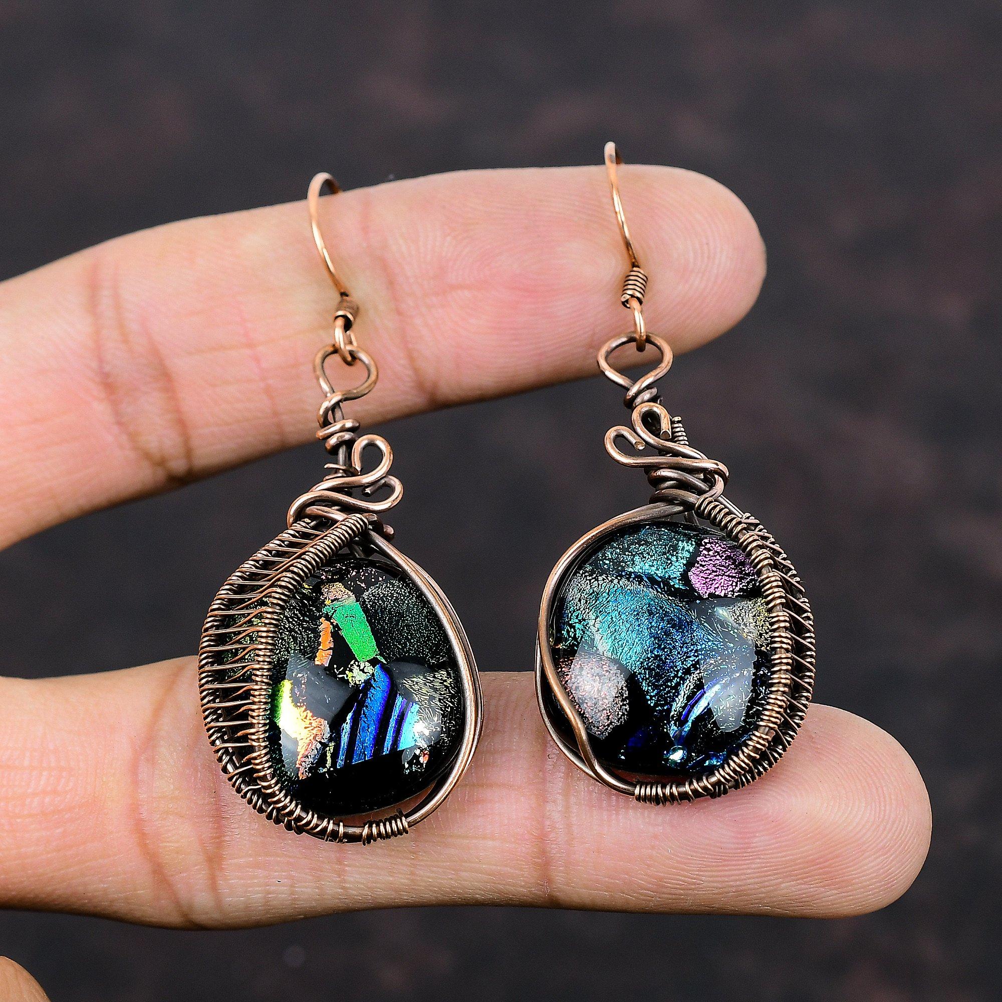 Серьги из американского дихроичного стекла, серьги из медной проволоки, серьги ручной работы, серьги из натурального драгоценного камня, медная проволока, ювелирные изделия, женский специальный подарок