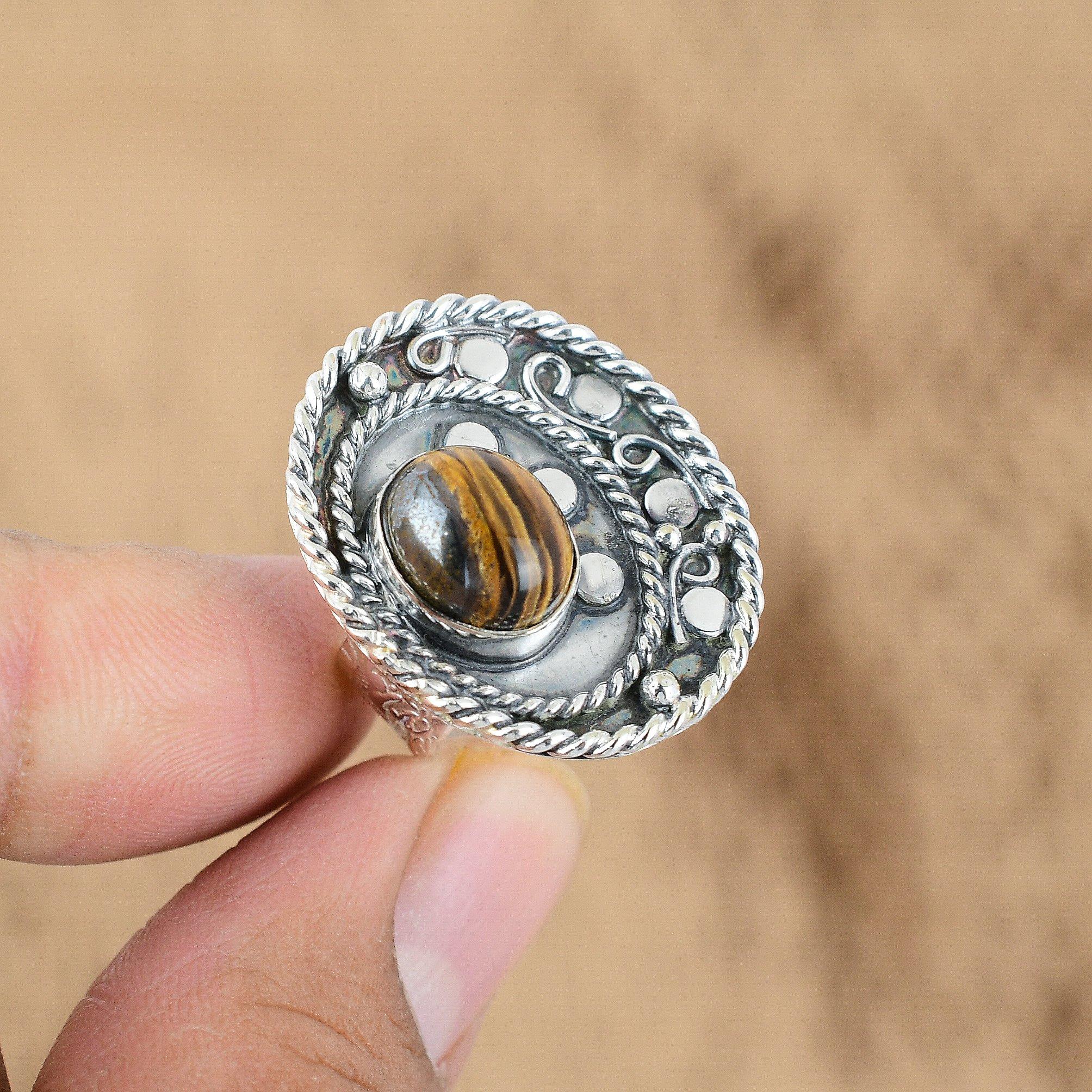 Серебро 925 пробы Овальный Натуральный Тигровый глаз Жена Мультикамень Сакральная чакра Кольцо обещания