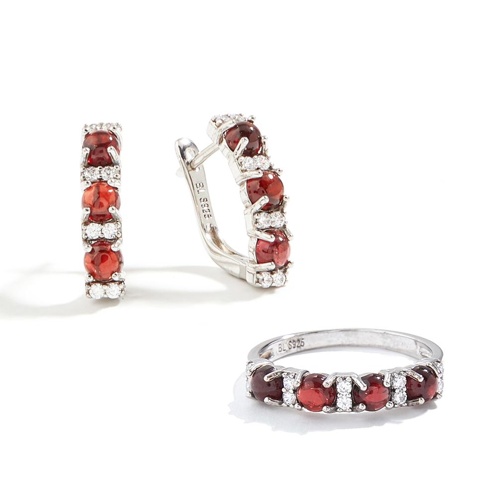 Natural Garnet 925 Sterling Silver Elegant Design Clip Ring Jewelry Set Earring for Women Birthday Party Fine Jewelry Gift