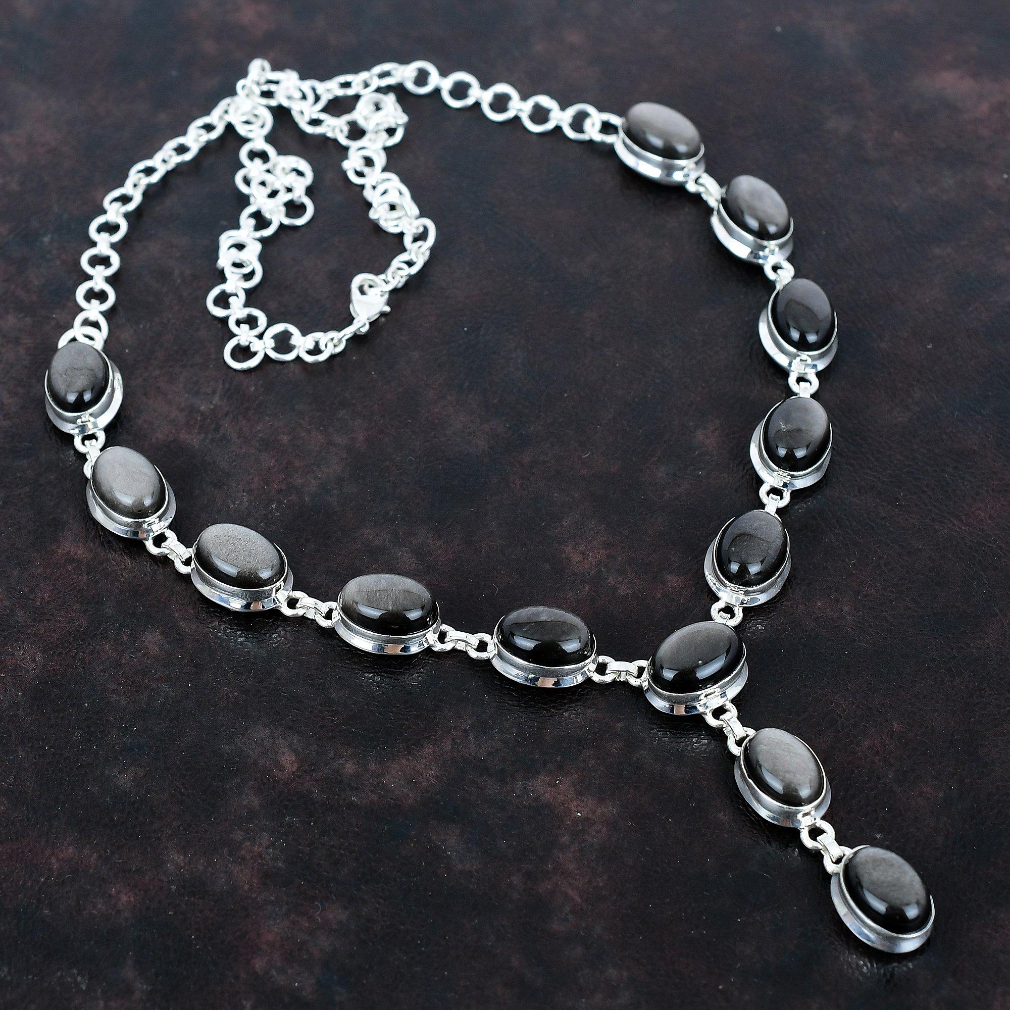 Silver Sheen Obsidian Necklace 925 Sterling Silver Necklace Adjustable Chain Necklace Handmade Gemstone Necklace Gift for Her Unique Jewelry