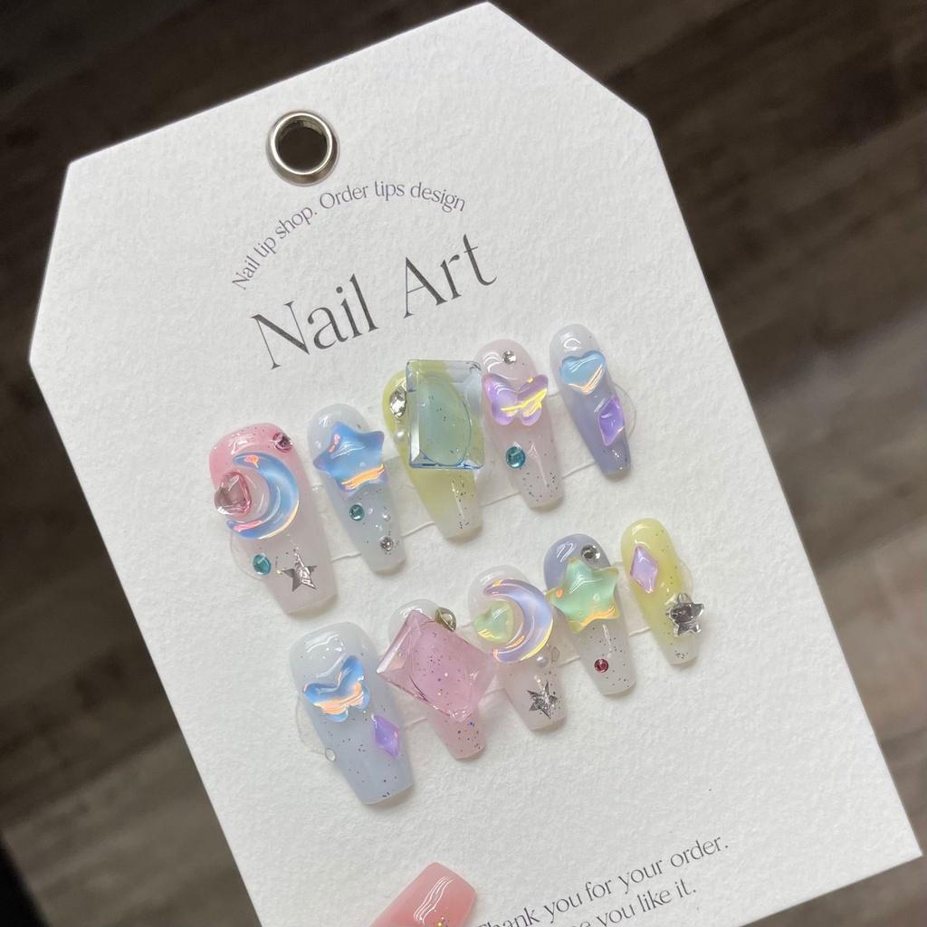 Искусственные ногти ручной работы Mocha Diamond Dream Star Moon Macaron Dopamine Candy Sweet Phototherapy Nails Многоразовые и съемные ногти