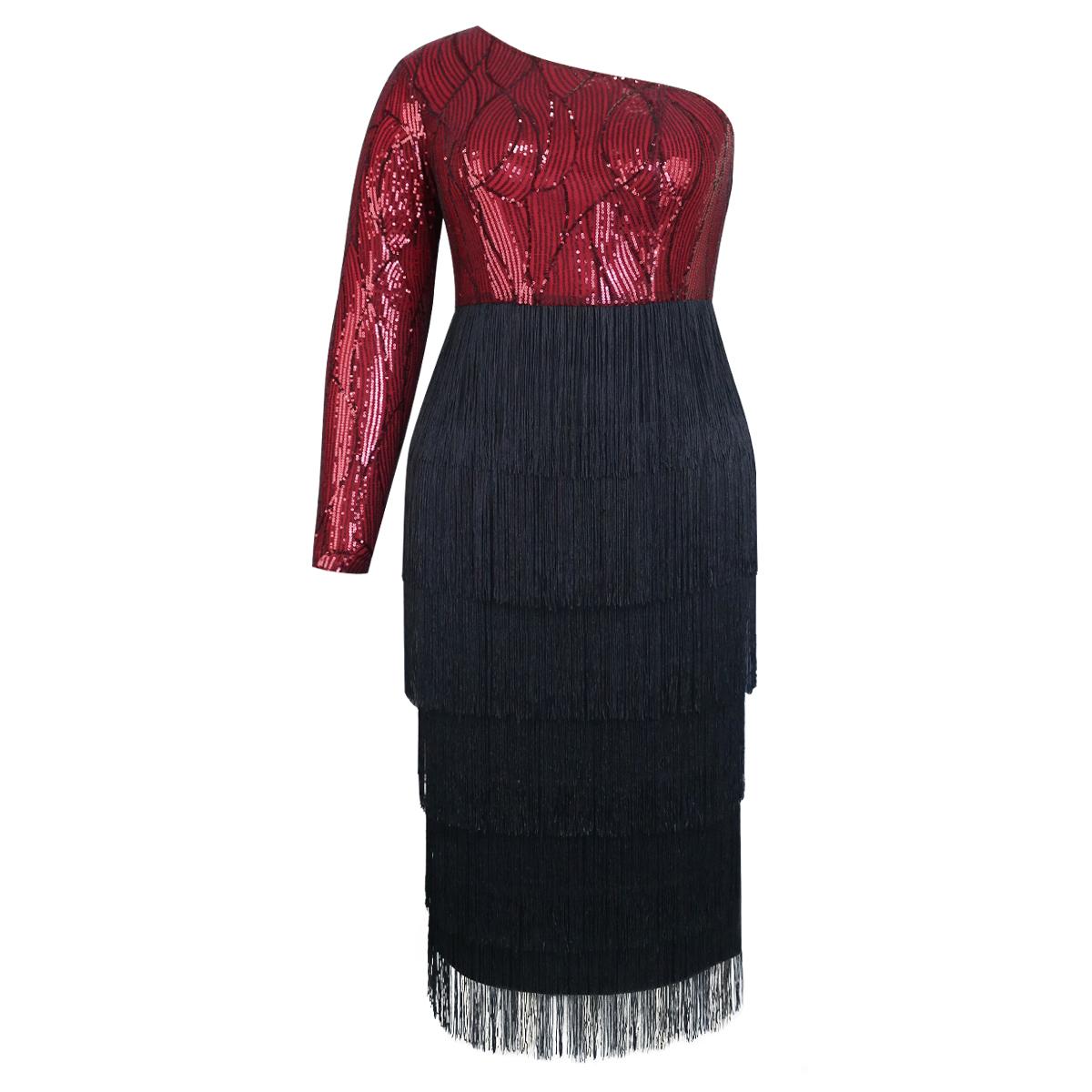 AOMEI Вечерние платья с блестками для женщин, облегающее платье на одно плечо с бахромой, вечерние коктейльные платья, блестящие платья миди, наряды с кисточками, большой размер