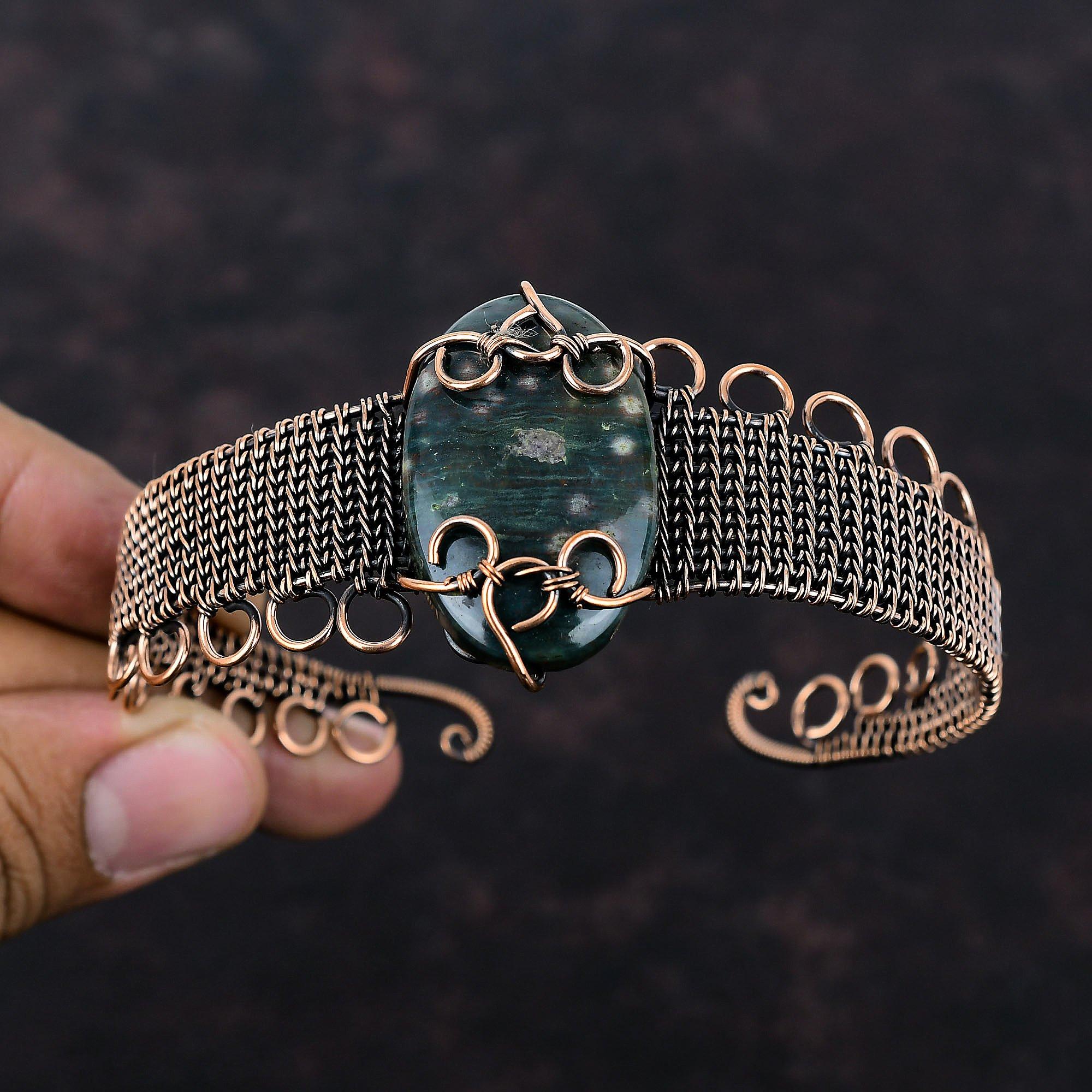 Браслет-манжета из океанической яшмы, браслет-манжета, обмотанный медной проволокой, регулируемый браслет-манжета, браслет из натурального драгоценного камня ручной работы, медные украшения, подарок для него