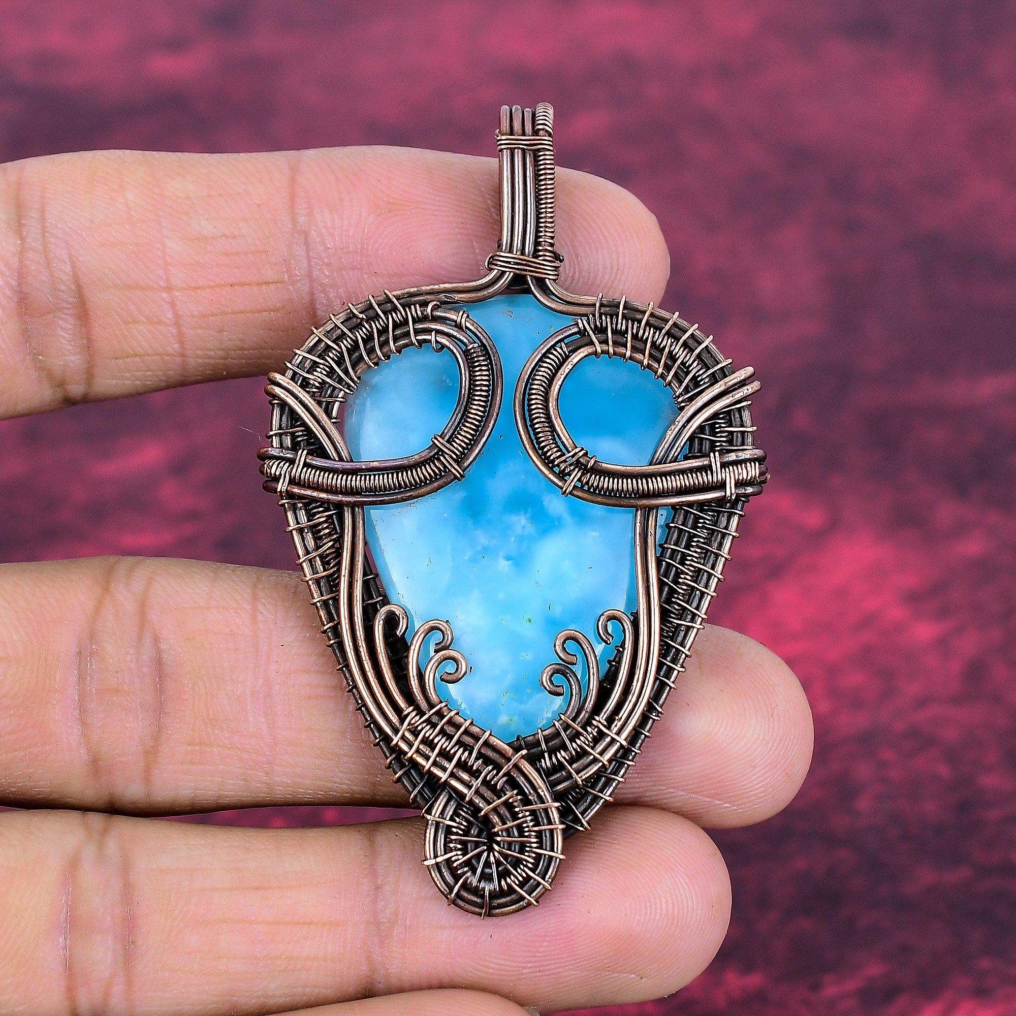 Hemimorphite Gemstone Pendant Copper Wire Wrapped Pendant Handmade Dainty Jewelry