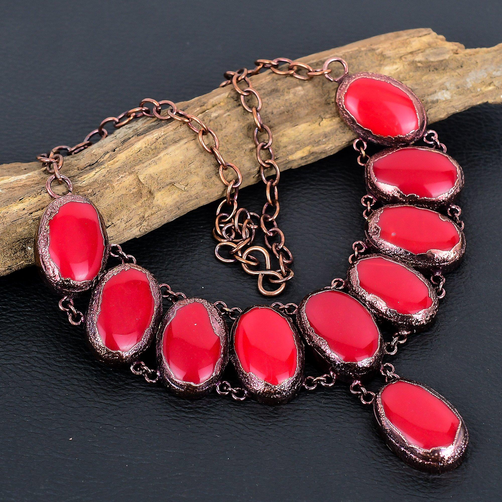 Red Coral Handmade Gemstone Necklace, Copper Electroformed Necklace Unique Design Jewelry, Adjustable Chain Necklace