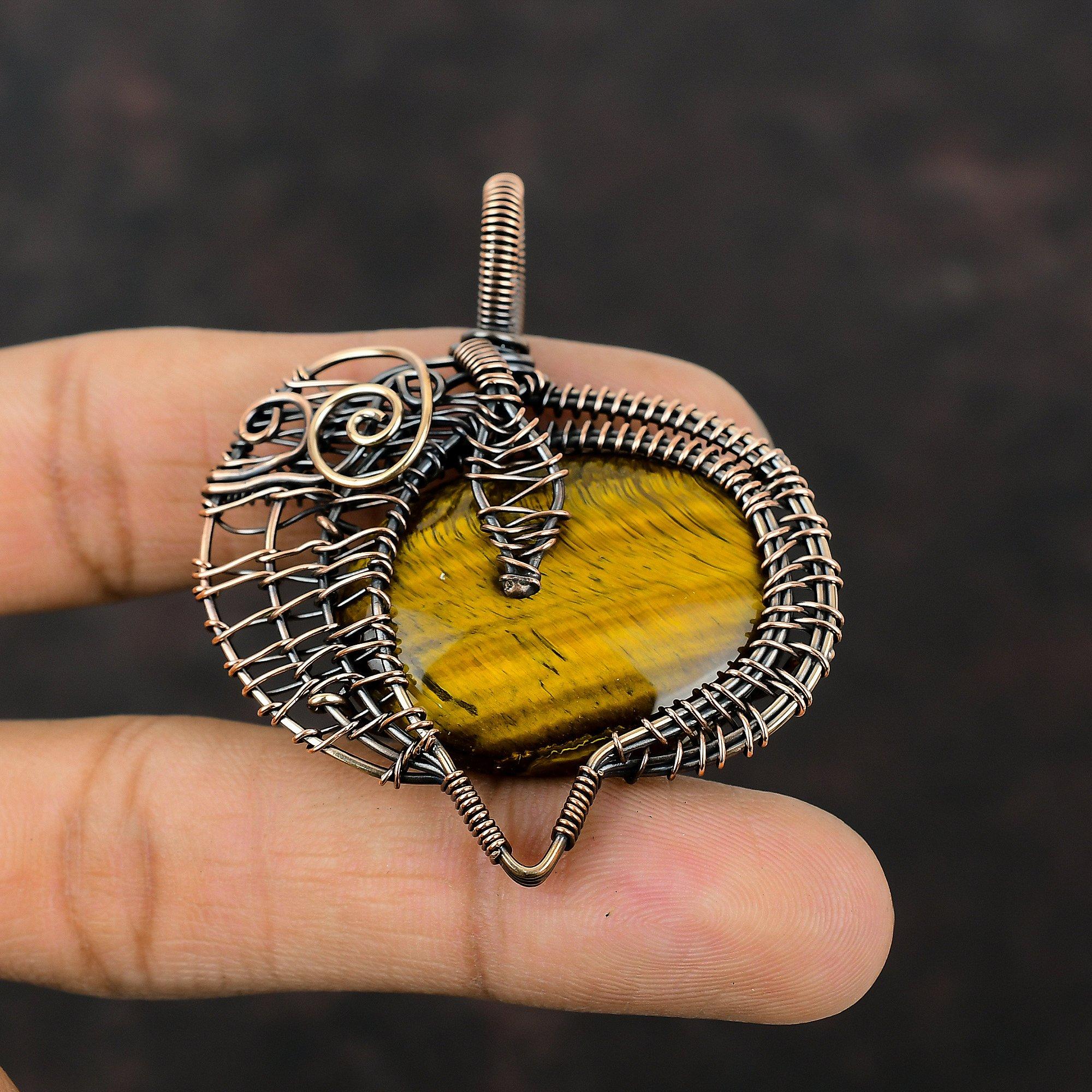 Подвеска из тигрового глаза в медной оправе, обмотанная проволокой, подвеска из натурального драгоценного камня, ювелирное изделие ручной работы, элегантная подвеска, подарок для него, красивые ювелирные изделия из медной проволоки