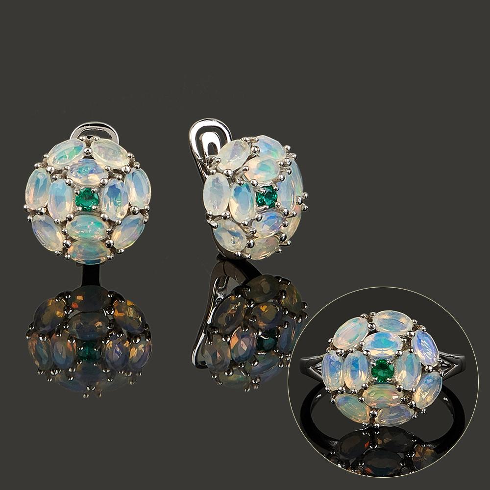 Серьги-кольца с натуральным опалом, изумрудом, комплект ювелирных изделий из стерлингового серебра 925 пробы, изысканные украшения для женщин, жены, хороший подарок