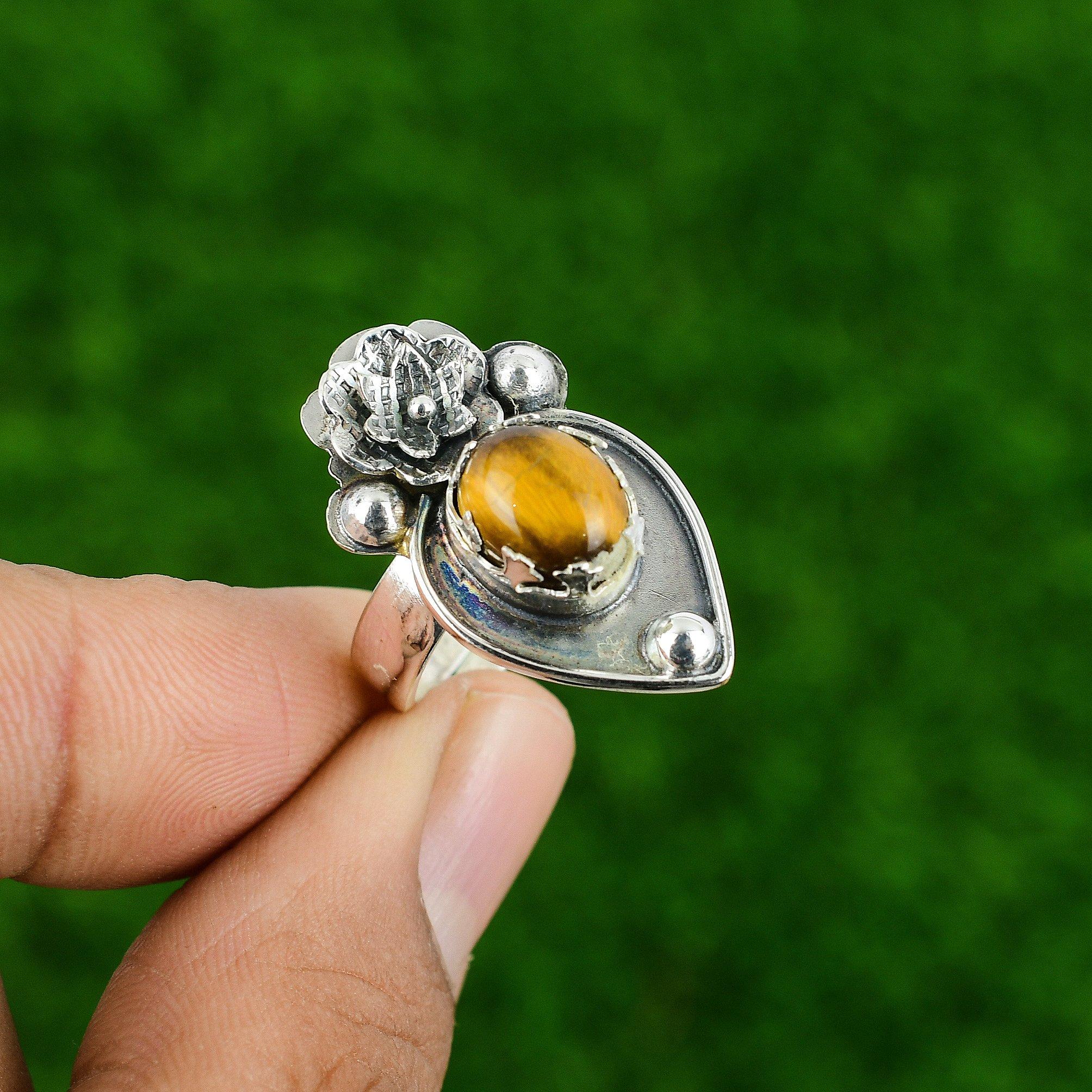 Natural Tiger'S Eye 925 Silver Statement Flower Adjustable Ring For Women