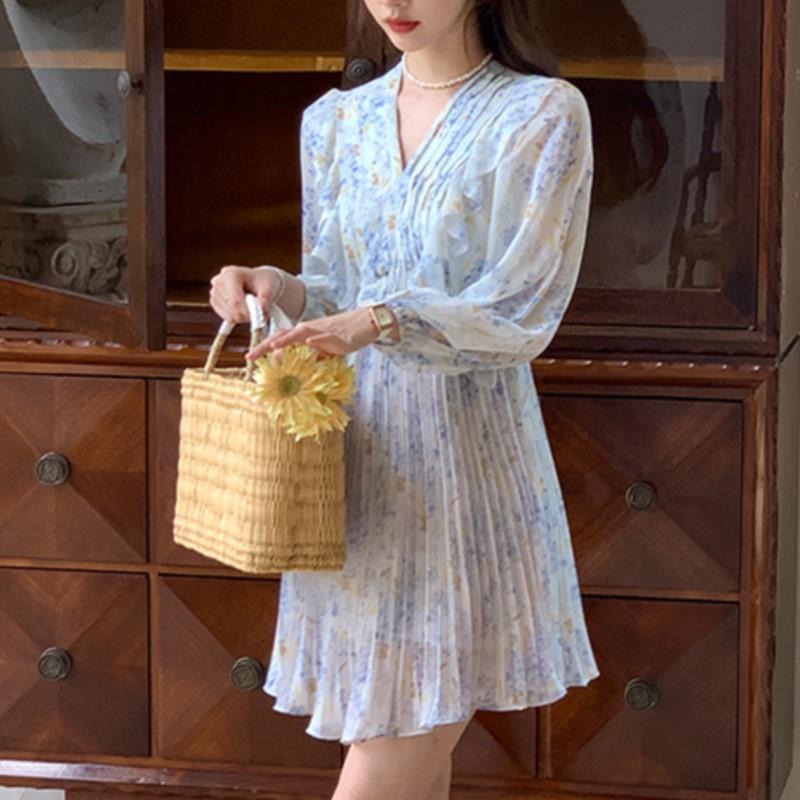 Французское плиссированное платье с v-образным вырезом и цветочным принтом, женское плиссированное модное повседневное платье ранней весной