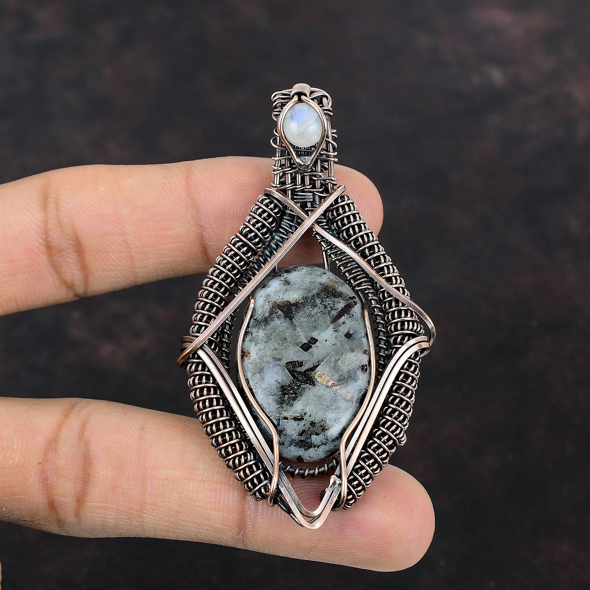 Подвеска из драгоценного камня астрофиллита, медная проволока, обернутые ювелирные изделия, ювелирные изделия из астрофиллита, подвеска из лунного камня ручной работы, подарок для мамы, медные подвески