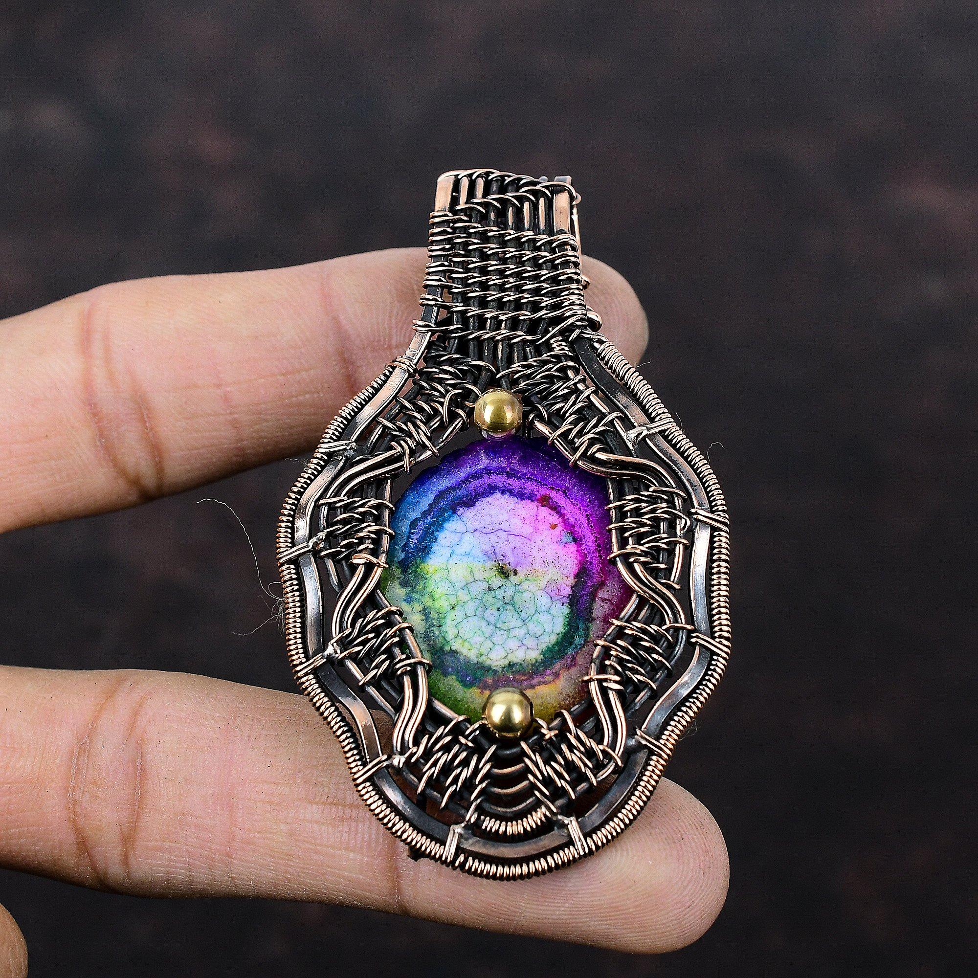 Радужный солнечный кварцевый кулон с друзами, медная проволока, обернутая подвеской с драгоценным камнем, дизайнерская подвеска, медная проволока, ювелирные изделия, кулон ручной работы для подарков