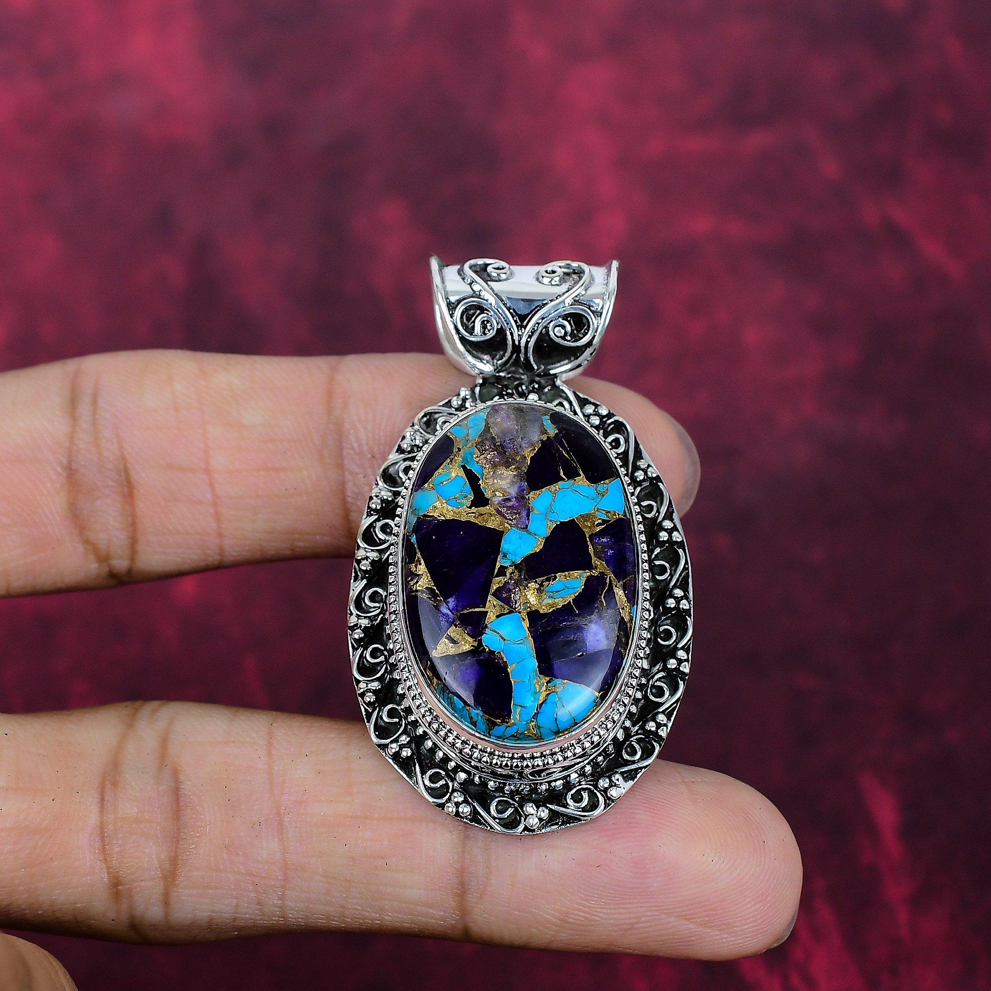 Медный Аметист Бирюза Кулон из драгоценных камней ручной работы, Кулон из стерлингового серебра 925 пробы, Антикварные украшения, Для Дня памяти