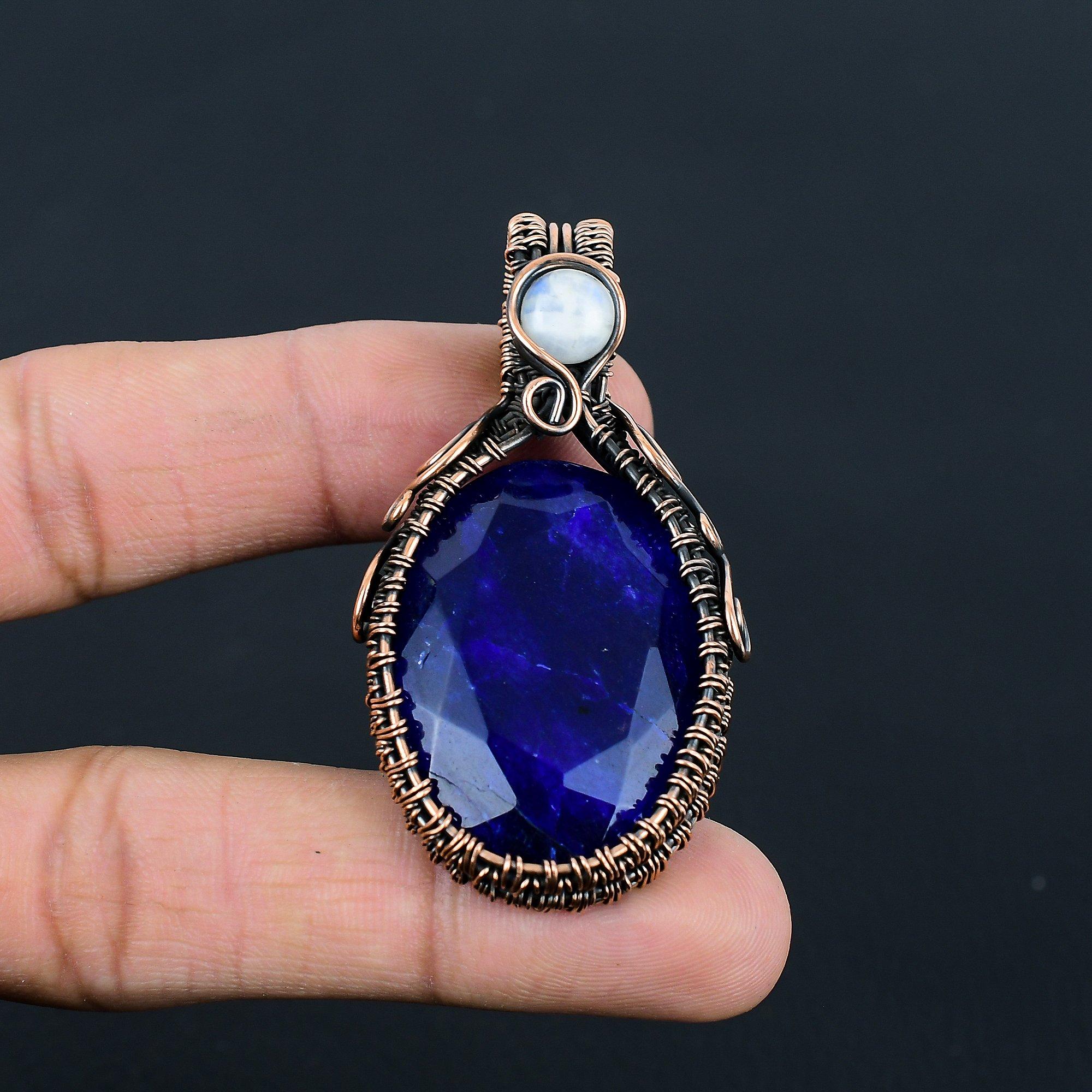Blue Sapphire & Moonstone Gemstone Handmade Pure Copper Wire Wrapped Pendant Jewelry For Thanksgiving