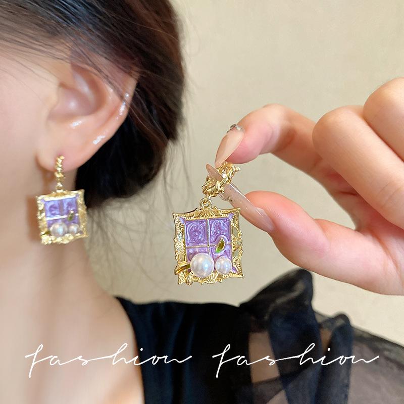 Light Luxury Baroque Purple Oil Painting Monet Garden Style Earrings For Women